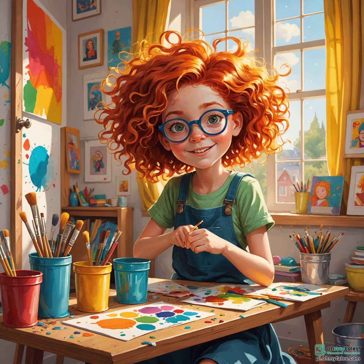 Une illustration destinée aux enfants représentant une femme aux cheveux flamboyants et aux yeux pétillants, entourée de pots de peinture éclatants et de toiles blanches dans une charmante petite atelier baignée de lumière, où des rayons de soleil dansent à travers les fenêtres ornées de rideaux colorés, tandis qu'elle guide avec passion deux enfants, un garçon curieux aux lunettes rondes et une fille pleine d'énergie aux boucles dorées, dans leur quête créative pour transformer des couleurs en magie, au cœur d'un mignon village où chaque coin respire l'art et l'imagination.
