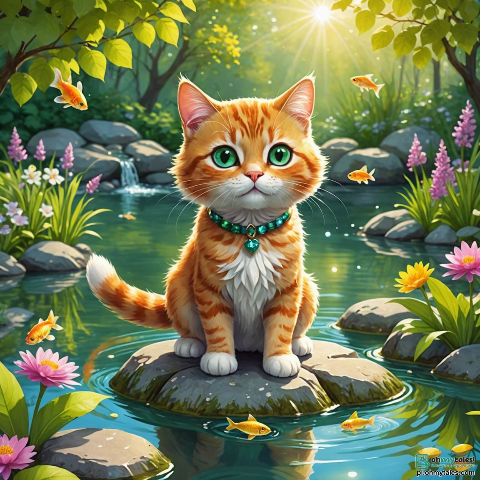 Une illustration destinée aux enfants représentant un chat aux yeux pétillants comme des émeraudes, avec un pelage doux et soyeux, se tenant fièrement sur un petit rocher au bord d'un étang scintillant, entouré de fleurs colorées qui dansent au gré du vent, tandis qu'il observe une charmante petite poissonnière dorée qui nage gracieusement dans l'eau claire, le tout se déroulant dans un paisible parc verdoyant où les rayons du soleil filtrent à travers les feuilles des arbres, créant des ombres dansantes sur le sol, et où se rassemblent d'autres animaux curieux comme un chien joyeux aux oreilles tombantes et un groupe de joyeux oiseaux chantants perchés sur les branches.
