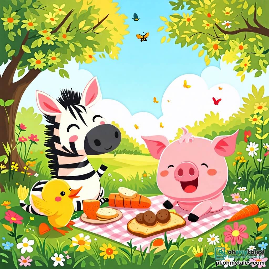 Une illustration sous forme de dessin destinée aux enfants représentant un joyeux pique-nique dans une clairière verdoyante, avec un petit cochon rose aux joues rondes et souriantes, assis sur l'herbe, entouré de ses amis : un zèbre aux rayures noires et blanches qui croque une carotte et une canard aux plumes jaunes qui déguste un morceau de pain, tous riant ensemble alors que le cochon, un peu trop gourmand, se roule sur le sol en riant après avoir mangé trop de pommes de terre, avec des arbres colorés et des fleurs éclatantes en arrière-plan.