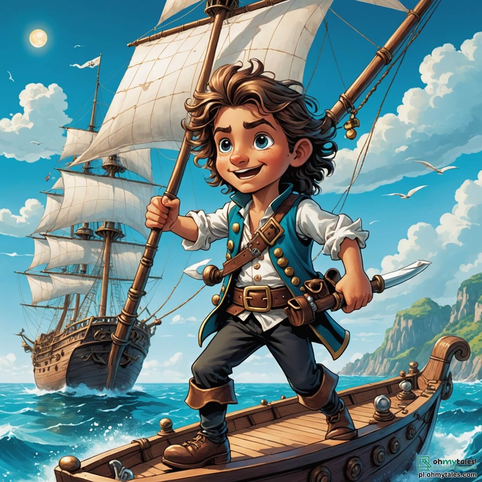 Une illustration destinée aux enfants représentant un audacieux pirate à la chevelure ébouriffée et aux yeux pétillants d'aventure, naviguant sur un majestueux vaisseau aux voiles blanches, voguant sur des eaux turquoise scintillantes sous un ciel azur parsemé de nuages cotonneux, tandis qu'il se lance dans une quête palpitante pour découvrir un trésor caché sur une île mystérieuse, entouré de sa fidèle amie, une intrépide fille à l'esprit vif et à la curiosité insatiable, ainsi que de son meilleur compagnon, un garçon rusé et astucieux, tous trois se frayant un chemin à travers des palmiers dansants et des plages dorées, où l'air est empli de l'odeur salée de la mer et des échos de rires et de chants de pirates.