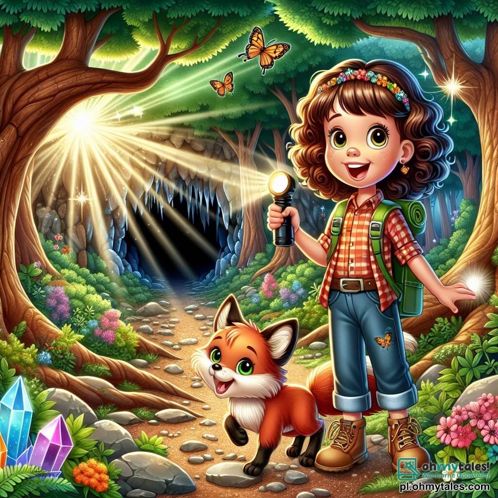 Illustration destinée aux enfants représentant une vaste et mystérieuse forêt, avec des arbres majestueux aux troncs épais et des feuilles d'un vert éclatant, illuminée par des rayons de soleil filtrant à travers le feuillage. Au premier plan, une jeune fille aux cheveux bruns et bouclés, vêtue d'une chemise à carreaux et d'un pantalon de randonnée, tient une lampe de poche dans une main et un sac à dos dans l'autre, affichant un sourire d'excitation. À ses côtés, un petit renard au pelage roux et aux yeux malicieux, qui semble prêt à l'accompagner dans ses aventures. Ensemble, ils se tiennent devant l'entrée d'une jaskinia sombre, où l'on peut apercevoir des cristaux scintillants sur les murs, symbolisant le début de leur quête pour découvrir les secrets de la forêt. Des fleurs colorées et des papillons virevoltant ajoutent une touche de magie à cette scène d'exploration.