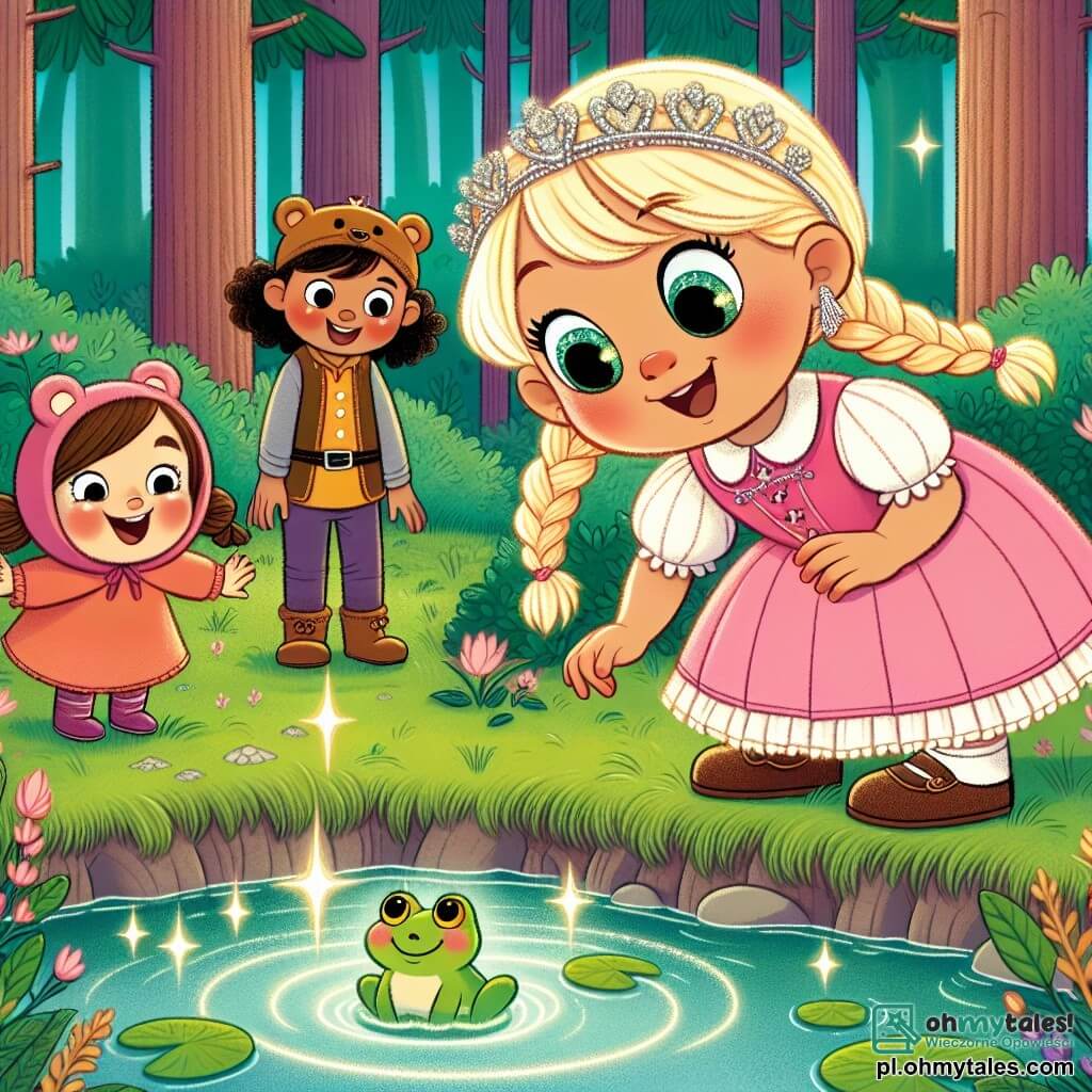 Une illustration sous forme de dessin destinée aux enfants représentant une forêt enchantée, où une petite fille de 4 ans aux cheveux blonds ensoleillés et aux yeux pétillants, vêtue d'une robe rose, se penche avec curiosité au-dessus d'un étang scintillant, tandis qu'à ses côtés, deux amis : une fille aux cheveux bruns en tresses et un garçon portant une casquette en forme de ours, rient en observant une joyeuse grenouille verte qui saute près d'eux, capturant l'esprit d'aventure et de camaraderie dans leur quête pour découvrir un trésor caché.