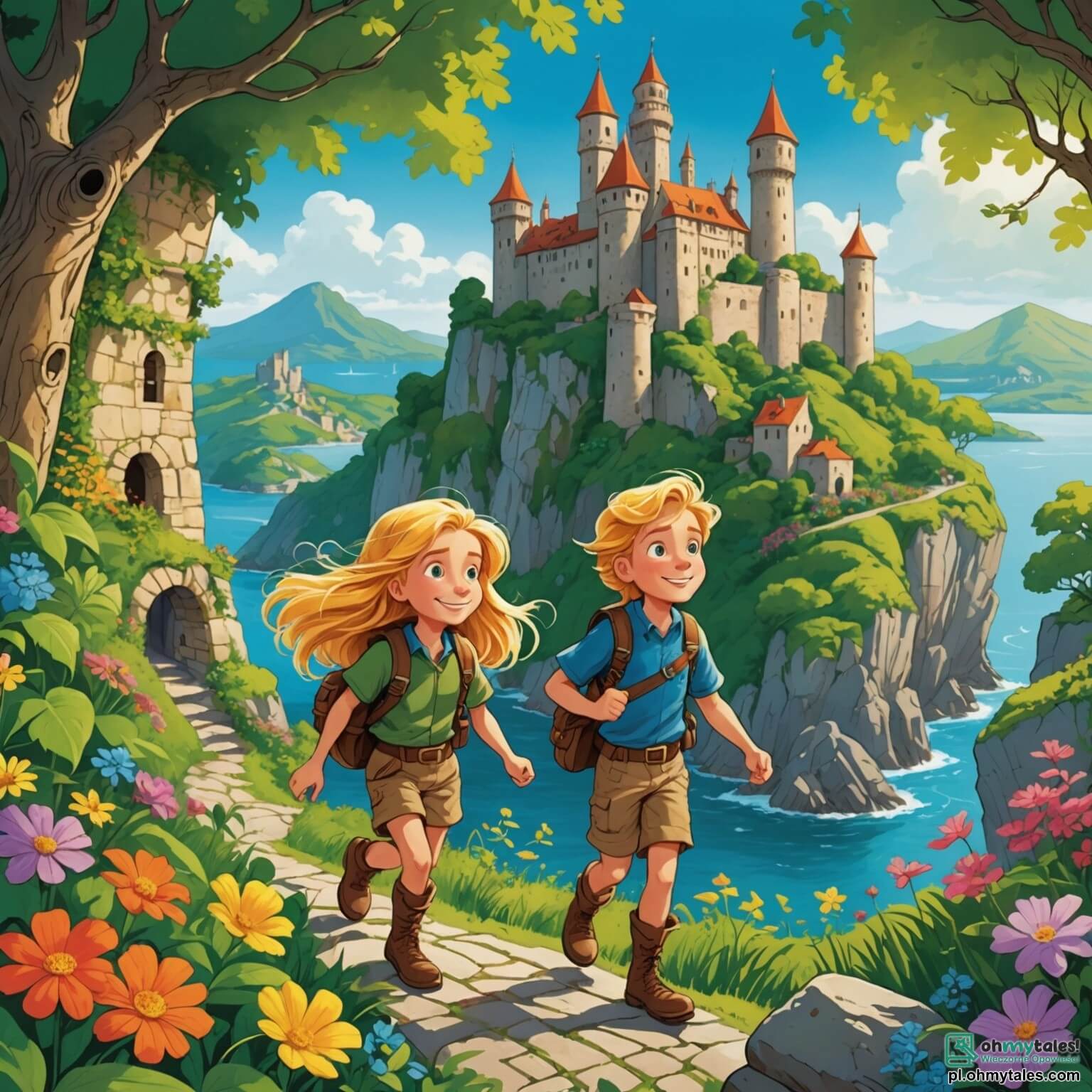 Une illustration destinée aux enfants représentant une jeune exploratrice intrépide aux cheveux dorés flottant dans le vent, scrutant avec émerveillement une mystérieuse île recouverte de végétation luxuriante et de fleurs éclatantes, où elle se retrouve en quête d'aventures palpitantes aux côtés d'un jeune garçon malicieux au sourire éclatant, tous deux devant un majestueux château ancien, dont les murs en pierre sont enveloppés de lianes vertes et de fleurs colorées, tandis que le ciel azur s'étend à l'infini au-dessus d'eux.