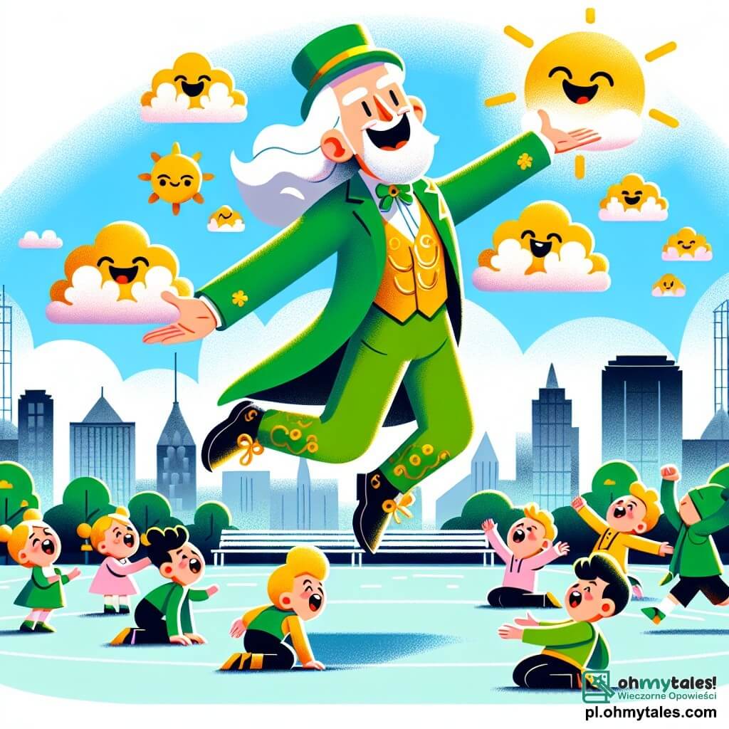 Une illustration sous forme de dessin destinée aux enfants représentant un grand et coloré parc urbain baigné de lumière, avec un homme aux longs cheveux argentés et un costume vert aux accents dorés, flottant joyeusement dans les airs, entouré de petites créatures espiègles aux formes nuageuses et aux visages souriants, qui dansent autour de lui en formant une grande et douce nuage de jeu, tandis que des enfants aux visages émerveillés sautent et rient en dessous, créant une atmosphère de joie et d'amitié.