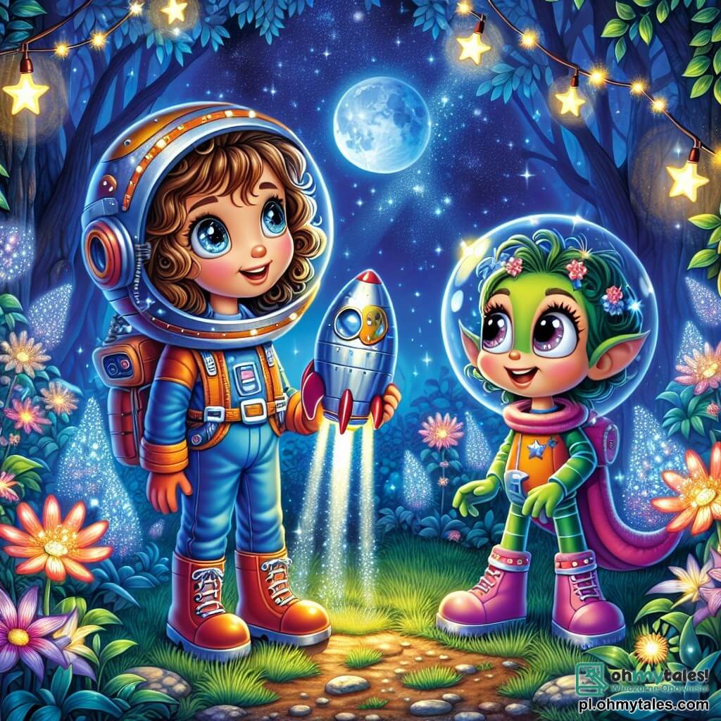 Une illustration sous forme de dessin destinée aux enfants représentant une clairière magique au clair de lune, avec une fille de 11 ans aux cheveux bouclés et aux yeux pétillants, vêtue d'une combinaison spatiale colorée, qui observe avec émerveillement une capsule spatiale brillante, tandis qu'à ses côtés se tient un extraterrestre vert avec de grands yeux curieux et des bras longs, tous deux en train de discuter d'une mission pour sauver la planète Zyrkon, entourés de fleurs luminescentes et d'étoiles scintillantes dans le ciel nocturne.