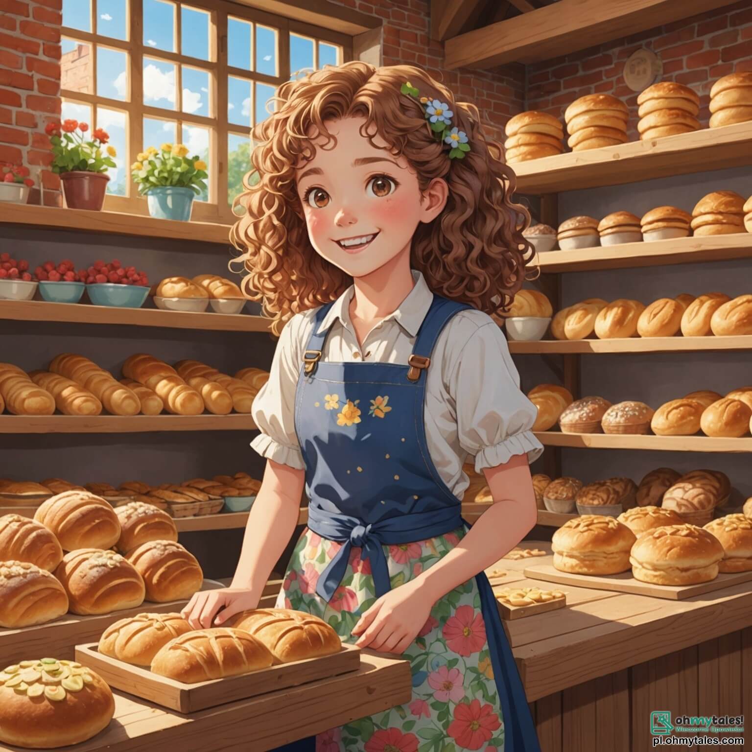 Une illustration destinée aux enfants représentant une femme joyeuse aux cheveux bouclés et aux joues roses, vêtue d'un tablier fleuri, se tenant derrière un grand comptoir en bois dans une boulangerie chaleureuse aux murs en briques rouges, où des étagères débordent de pains dorés et de pâtisseries colorées, tandis qu'à l'extérieur, le soleil brille sur une petite place animée où jouent des enfants, dont un garçon aux yeux pétillants et une fille aux tresses, tous deux impatients de découvrir les merveilles sucrées et salées que la boulangère prépare avec amour et passion.