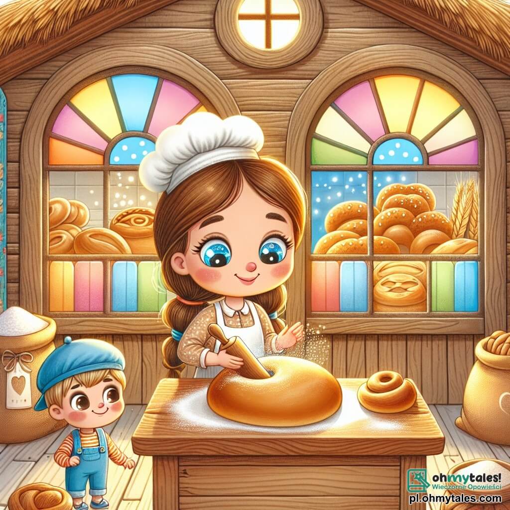 Une illustration sous forme de dessin destinée aux enfants représentant une charmante boulangerie en bois avec des fenêtres colorées, où une femme souriante aux cheveux châtains et aux yeux pétillants pétrit de la pâte à pain sur un grand plan de travail en bois, tandis qu'un petit garçon aux cheveux blonds et à la casquette bleue observe avec émerveillement, entourés de sacs de farine et de délicieuses viennoiseries dorées qui sortent du four, illustrant la joie de partager la magie de la boulangerie.
