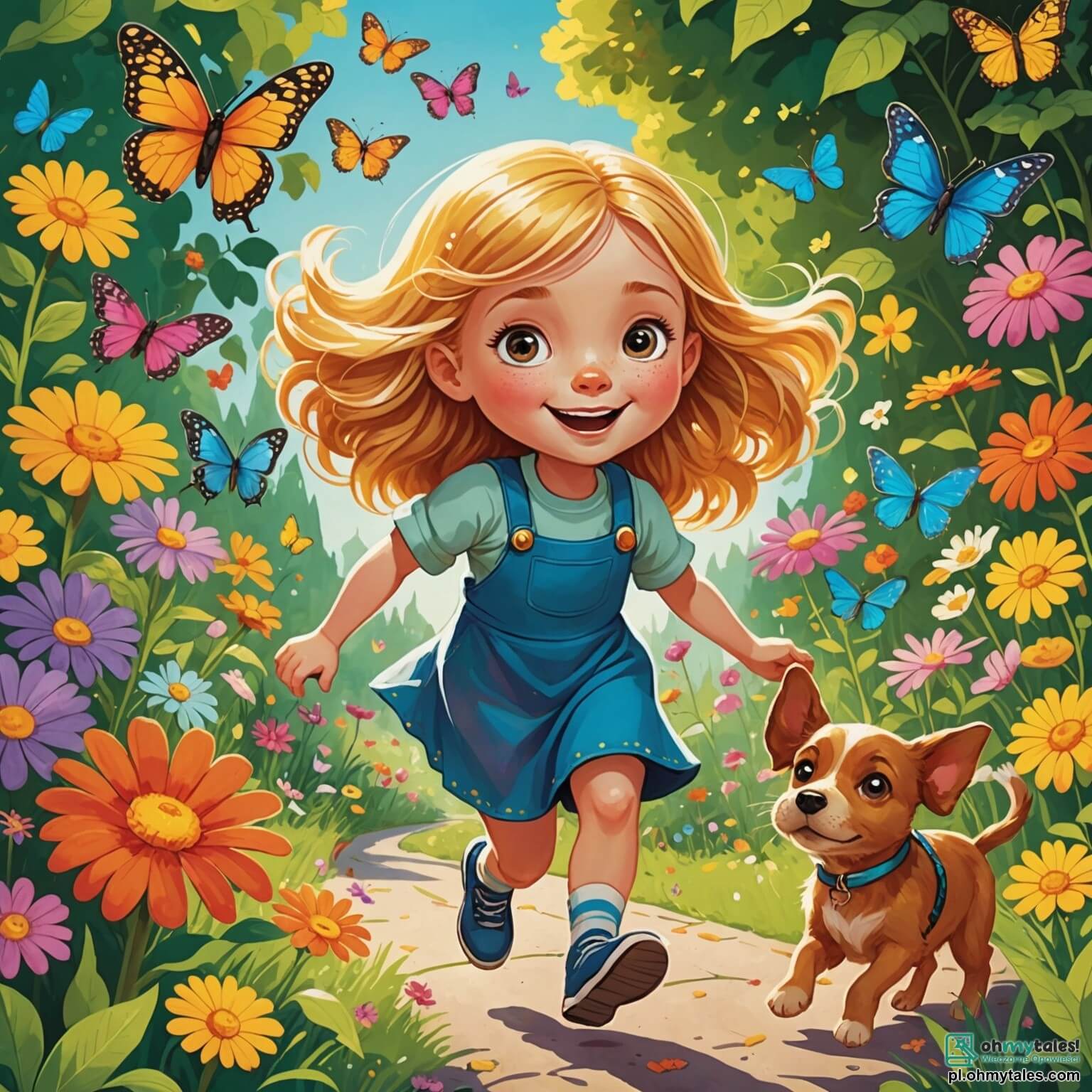 Une illustration destinée aux enfants représentant une petite fille espiègle aux cheveux dorés et aux yeux pétillants, courant joyeusement dans un jardin coloré rempli de fleurs éclatantes et de papillons virevoltants, où elle, pleine d'imagination, se retrouve dans une situation délicate en mentant à ses amis sur l'existence de fleurs magiques capables de réaliser des vœux, tandis que son fidèle chien, un petit chiot au pelage brun et aux grandes oreilles tombantes, l'observe avec curiosité, le tout se déroulant dans un charmant petit village aux maisons aux façades pastel, avec des volets en bois et des jardins fleuris, où le soleil brille et les rires résonnent dans l'air doux du printemps.