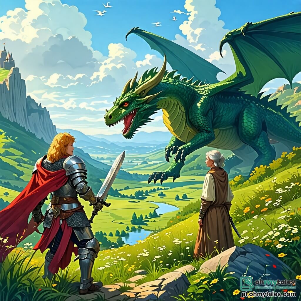 Une illustration sous forme de dessin destinée aux enfants représentant un vaste et verdoyant paysage du royaume d'Eldoria, avec des collines ondulantes et un ciel bleu éclatant, où un chevalier courageux, un jeune homme à la chevelure dorée et portant une brillante armure, brandit son épée avec détermination face à un immense dragon aux écailles vertes, tandis qu'une vieille femme, vêtue de robes simples et au visage marqué par le temps, observe avec inquiétude depuis l'arrière-plan, illustrant le moment où le chevalier se prépare à affronter la créature pour sauver son royaume.