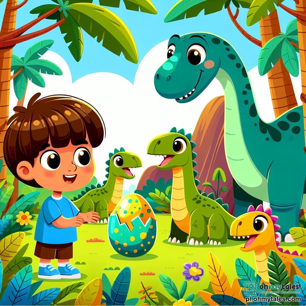Une illustration sous forme de dessin destinée aux enfants représentant une jungle luxuriante et colorée, avec un garçon de 5 ans aux cheveux bruns et aux yeux pétillants, vêtu d'un t-shirt bleu et de shorts, qui s'approche d'un énorme brontozaur au cou long et doux, tandis que plusieurs petits dinozaurus aux écailles vertes et jaunes, joyeux et curieux, l'entourent, tous observant avec émerveillement un œuf de dinosaure cassé, symbolisant l'aventure et l'amitié dans un voyage dans le temps.