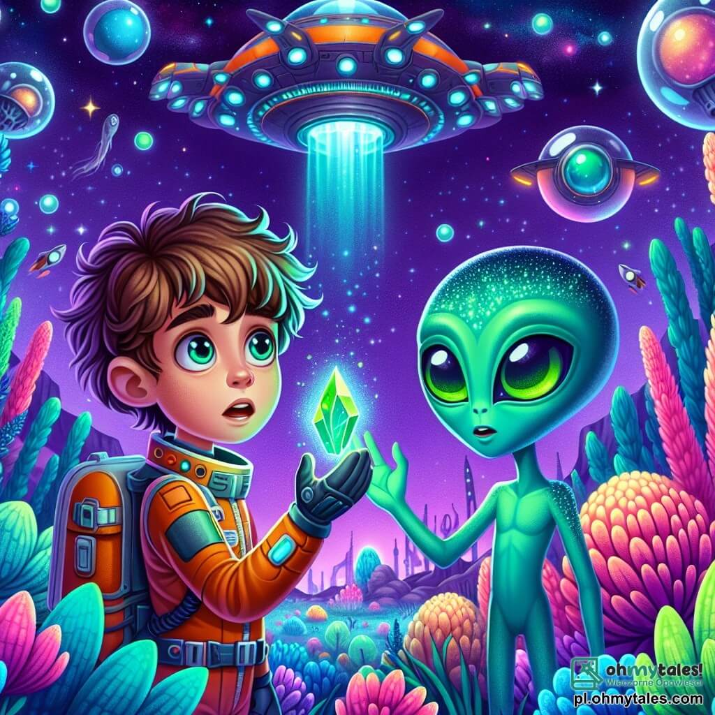 Une illustration sous forme de dessin destinée aux enfants représentant un paysage extraterrestre coloré avec des plantes luminescentes et un ciel violet, où un garçon de 11 ans aux cheveux bruns en bataille et portant une combinaison spatiale observe avec émerveillement un vaisseau spatial brillant qui vient de se poser, tandis qu'à ses côtés, une extraterrestre amicale à la peau turquoise et aux grands yeux verts, souriante, lui montre un cristal d'énergie scintillant, symbolisant leur nouvelle amitié et l'aventure qui les attend.