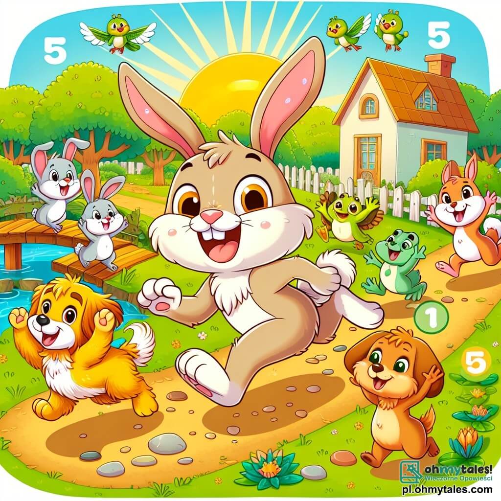 Une illustration sous forme de dessin destinée aux enfants représentant un parc coloré et ensoleillé, avec un lapin aux grandes oreilles et au pelage brun clair, en train de sauter joyeusement sur un chemin de terre, entouré de ses amis : un chien aux poils dorés qui court à ses côtés, et plusieurs petites grenouilles vertes qui dansent sur un petit pont en bois, tandis qu'en arrière-plan, des animaux du village applaudissent et encouragent le lapin dans sa course pour gagner le grand prix du meilleur coureur.