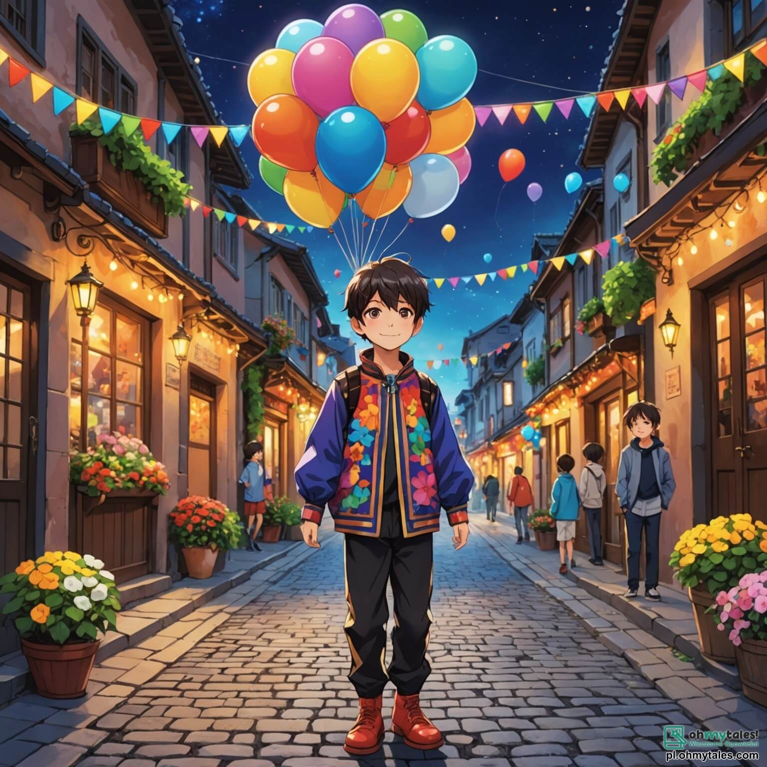 Une illustration destinée aux enfants représentant un garçon à l'imagination débordante, vêtu d'un costume flamboyant de lataing dywan, scintillant de lumières colorées et de paillettes, qui se tient au milieu d'une petite ville animée, où les rues pavées sont ornées de guirlandes de fleurs et de ballons multicolores flottant dans l'air, tandis qu'autour de lui, ses amis, un garçon espiègle au chapeau de magicien et une fille joyeuse en robe de princesse, s'amusent à danser et à rire, créant une atmosphère festive et chaleureuse, alors qu'ils se préparent à célébrer le carnaval, un événement rempli de musique entraînante et de délices sucrés, comme des pączki et de la barbe à papa, qui embaument l'air de douceurs et de bonheur.