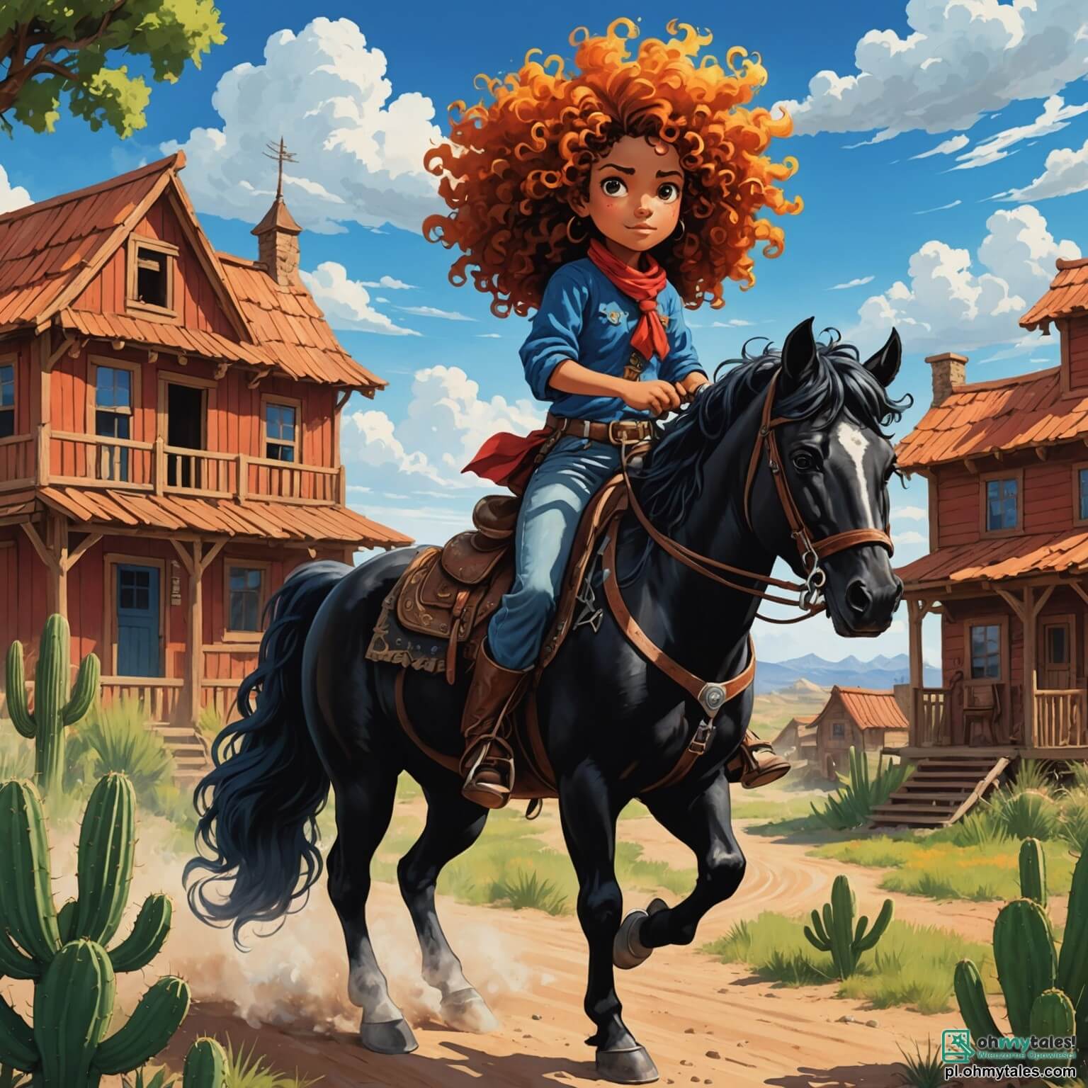Une illustration destinée aux enfants représentant une courageuse jeune fille aux cheveux bouclés, chevauchant son magnifique mustang noir à la crinière flamboyante, prête à défendre son paisible village de Cactus Creek, un petit bourg du Far West où les maisons en bois aux volets colorés se dressent sous un ciel azur parsemé de nuages cotonneux, tandis qu’un groupe de bandits, des hommes à l’allure menaçante, complote dans l’ombre d’un saloon poussiéreux, alors qu’elle est accompagnée de son fidèle ami, un garçon intrépide au sourire malicieux, tous deux déterminés à protéger leur communauté contre une imminent danger.
