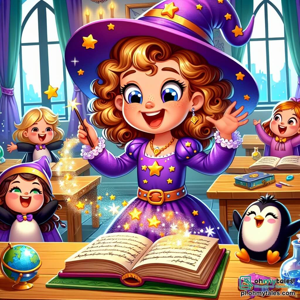 Une illustration sous forme de dessin destinée aux enfants représentant une scène magique dans une classe de sorcellerie colorée, où une jeune apprentie sorcière aux cheveux bouclés et aux yeux pétillants, vêtue d'une robe violette ornée d'étoiles, rit aux éclats en lançant un sort qui fait danser tous ses camarades, dont une fille aux cheveux blonds et une autre aux cheveux bruns, qui, transformées en joyeux pingouins, se trémoussent sur le sol, tandis qu'un vieux grimoire ouvert sur le bureau émet des étincelles de magie, créant une ambiance ludique et ensorcelante.
