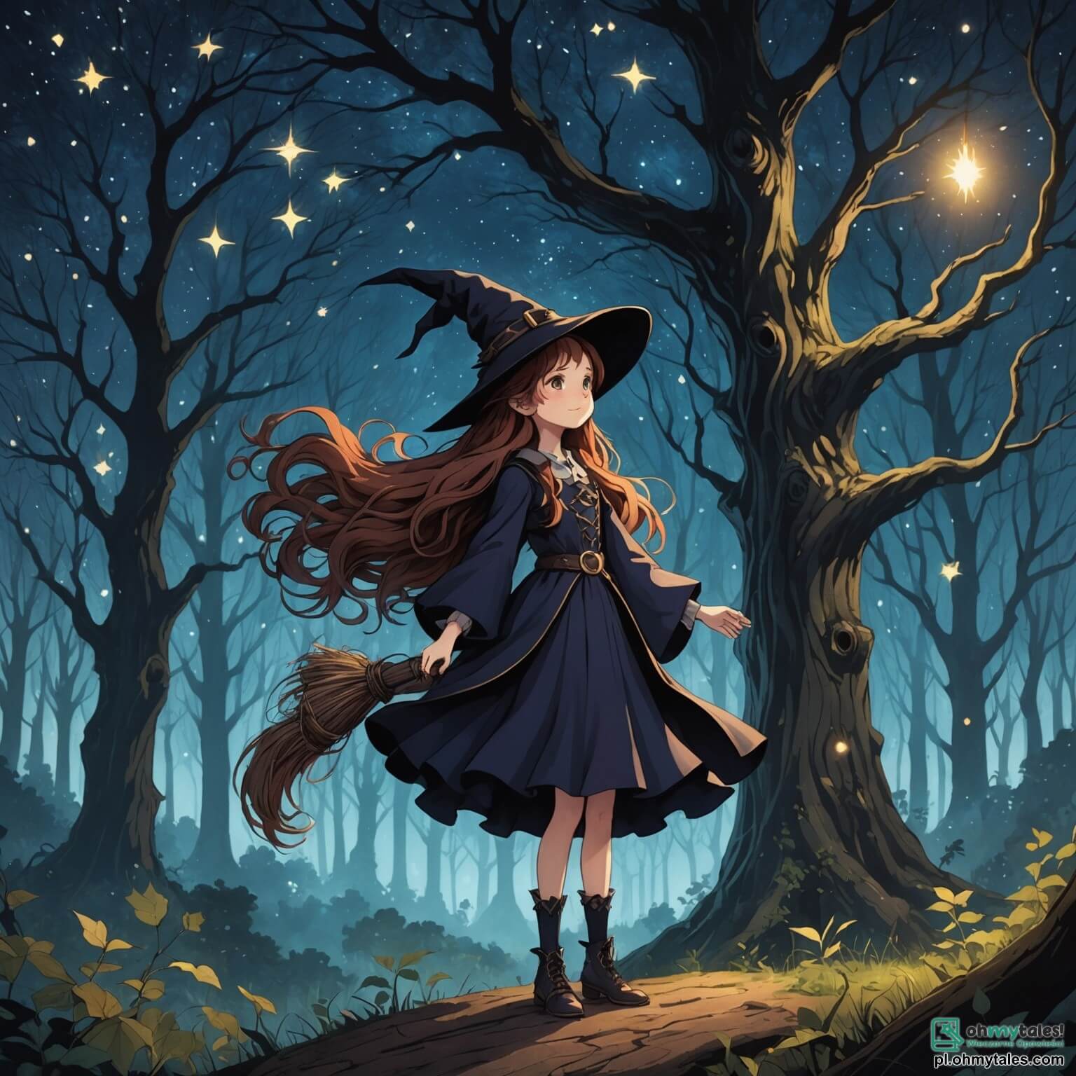 Une illustration destinée aux enfants représentant une jeune sorcière aux longs cheveux ondulés couleur châtaigne, dont les yeux scintillent comme des étoiles dans la nuit, se tenant courageusement à l'orée d'un mystérieux et enchanteur bois, où des arbres majestueux aux troncs noueux s'élèvent vers le ciel, leurs feuilles chatoyantes dansent au gré du vent, tandis qu'elle se prépare à affronter une créature sombre et mélancolique, un vieux sorcier à la barbe argentée et au regard triste, qui a perdu sa magie, tout en étant entourée de petits êtres féeriques aux ailes colorées, prêts à l'aider dans sa quête pour restaurer la lumière et l'amitié dans ce monde fantastique.