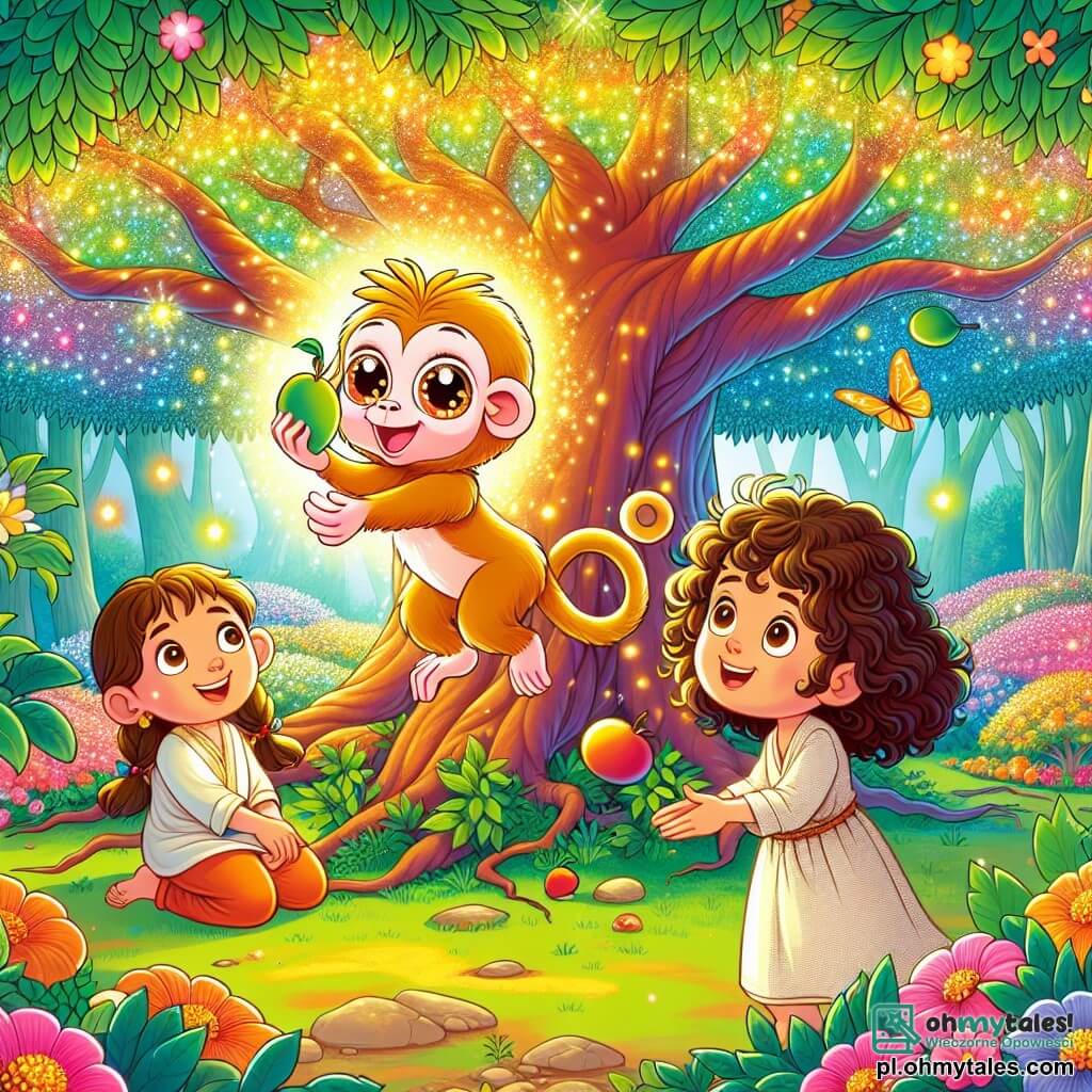 Ilustracja przedstawiająca magiczną scenę w bujnej lesie, gdzie ogromne drzewo z błyszczącymi, kolorowymi liśćmi, świecącymi jak tęcza, majestatycznie wznosi się w centrum. Figlarny małpka z złotym futrem i dużymi, błyszczącymi oczami radośnie wspina się na jedną z gałęzi drzewa, trzymając soczystego mango w swoich małych rączkach. U jego stóp młoda dziewczynka, mająca około ośmiu lat, z kręconymi włosami i ubraną w lnianą sukienkę, z zachwytem obserwuje, z promiennym uśmiechem na twarzy. Główna sytuacja pokazuje małpkę, pełną energii, gotową podzielić się swoim odkryciem z przyjaciółką, podczas gdy wokół nich kolorowe kwiaty i motyle fruwają, dodając odrobinę magii do tej zaczarowanej sceny.