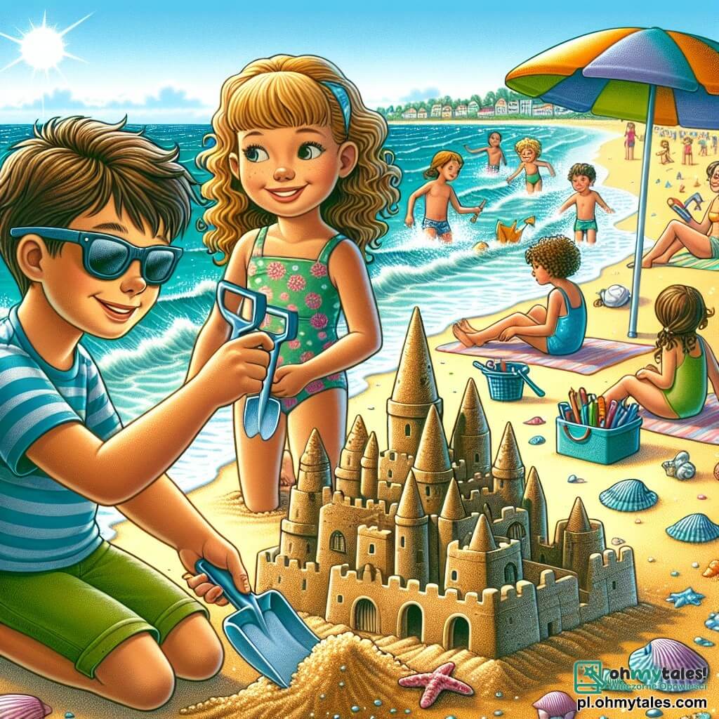 Ilustracja przedstawiająca słoneczną plażę, z błyszczącym złotym piaskiem pod słońcem i turkusowymi falami delikatnie rozbijającymi się o brzeg. Na pierwszym planie dwunastoletni chłopiec z brązowymi włosami i okularami przeciwsłonecznymi buduje wielki zamek z piasku, skupiony i uśmiechnięty. Obok niego dziesięcioletnia dziewczynka z kręconymi blond włosami w kolorowym kostiumie kąpielowym trzyma łopatkę, gotowa dodać wieżę do zamku. W tle inne dzieci bawią się w wodzie, podczas gdy rodzice relaksują się pod kolorowymi parasolami. Muszle i rozgwiazdy są rozsypane po piasku, dodając magii tej radosnej i tętniącej życiem letniej scenie.