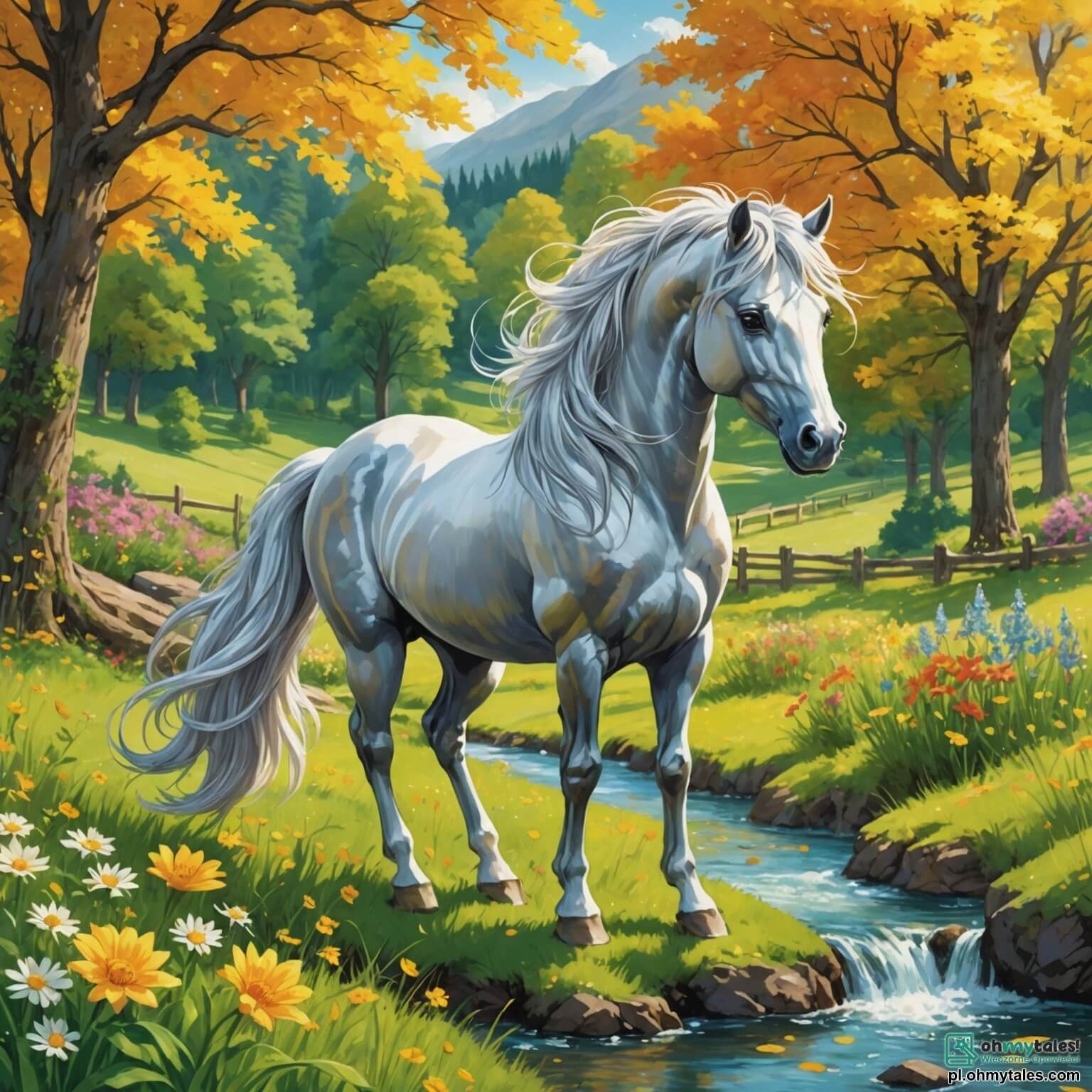 Une illustration destinée aux enfants représentant un majestueux cheval aux crins argentés flottant au gré du vent, se tenant fièrement au milieu d'une vaste prairie verdoyante parsemée de fleurs éclatantes aux couleurs vives, où le doux murmure d'un ruisseau scintillant serpente entre les arbres majestueux aux feuilles dorées, tandis qu'à ses côtés, une malicieuse petite souris aux yeux pétillants et une gracieuse fée aux ailes étincelantes s'affairent à retrouver la mélodie enchanteresse disparue de leur forêt magique, créant ainsi une atmosphère d'aventure et d'amitié au cœur de ce tableau féerique.