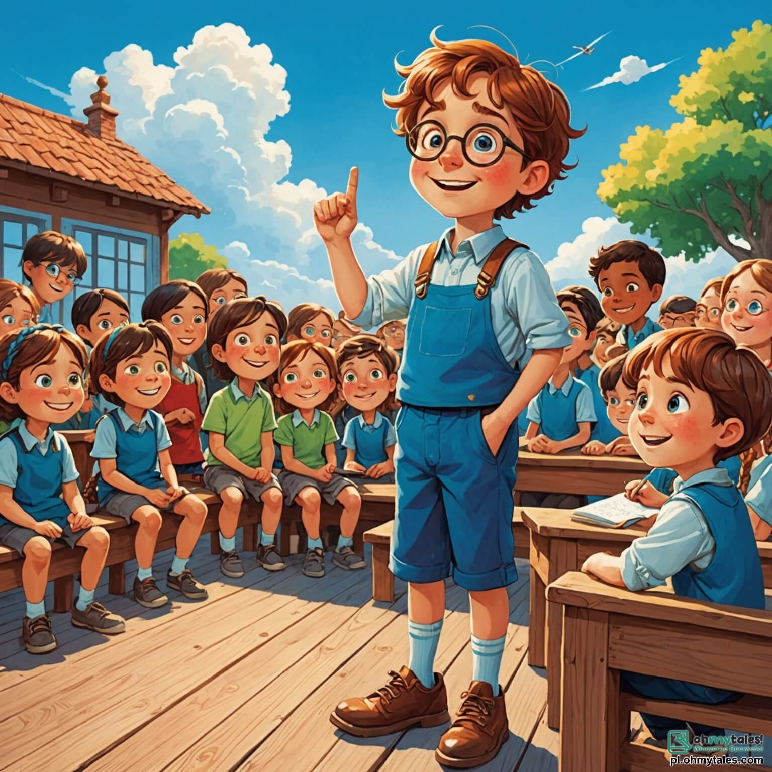 Une illustration destinée aux enfants représentant un garçon aux cheveux châtains et aux yeux pétillants de curiosité, se tenant debout sur une scène en bois, entouré de camarades de classe, tous assis sur des bancs colorés sous un ciel bleu azur parsemé de nuages cotonneux, tandis qu'il se prépare à réciter un poème sur l'audace et l'amitié, avec à ses côtés une fille aux tresses dorées qui l'encourage avec un sourire chaleureux, et un garçon à lunettes qui lui fait un signe de pouce levé, dans une école animée où les murs sont ornés de dessins d'enfants et de mots inspirants, créant une atmosphère vibrante d'excitation et de soutien.