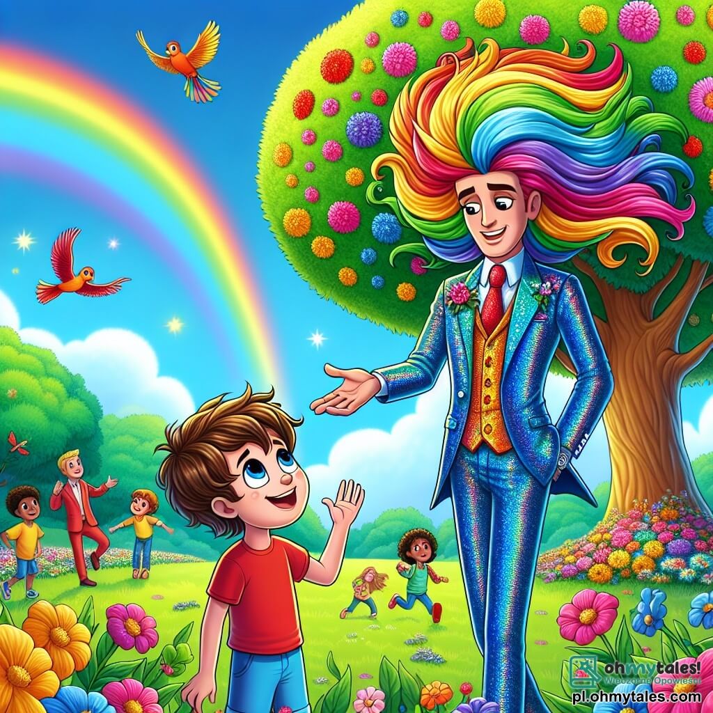 Ilustracja przedstawiająca magiczną scenę w słonecznym parku, wypełnionym kolorowymi kwiatami i majestatycznymi drzewami o jasnych zielonych liściach. W centrum znajduje się mężczyzna z długimi falującymi włosami w kolorach tęczy, ubrany w błyszczący kostium, który mieni się w słońcu, z ciepłym uśmiechem na twarzy. Wyciąga rękę do małego chłopca, mającego około 7 lat, z brązowymi włosami i błyszczącymi oczami, który wydaje się zachwycony i odetchnął z ulgą po uratowaniu z drzewa. Chłopiec ma na sobie czerwoną koszulkę i niebieskie szorty, a z podziwem patrzy na superbohatera. W tle kolorowe ptaki radośnie latają po niebieskim niebie, a inne dzieci bawią się na trawie, dodając atmosferze radości i przyjaźni. Atmosfera jest jasna i pełna energii, ilustrując moment szczęścia i wzajemnej pomocy.