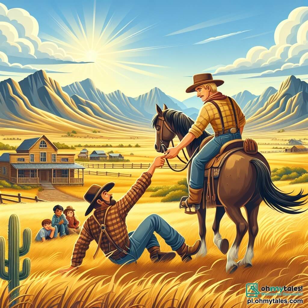 Une illustration sous forme de dessin destinée aux enfants représentant un vaste ranch ensoleillé à Cactus Creek, avec des prairies dorées à perte de vue et des montagnes majestueuses en arrière-plan ; un homme courageux, vêtu d'un chapeau de cowboy et d'une chemise à carreaux, chevauchant un cheval brun, affichant une expression déterminée alors qu'il tend la main pour aider un autre cowboy, un homme au visage buriné et à la barbe rousse, qui est tombé de son cheval après un accident lors d'une course ; la scène capture le moment où l'esprit de camaraderie et d'entraide émerge au milieu de la rivalité, avec des enfants du village observant avec des yeux émerveillés.