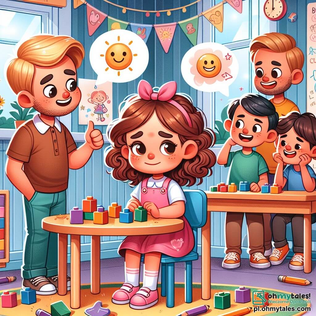 Une illustration sous forme de dessin destinée aux enfants représentant une salle de classe colorée et accueillante, avec des murs ornés de dessins d'enfants, où une petite fille de 5 ans aux cheveux bruns et bouclés, portant une jolie robe rose, est assise à une table en jouant avec des blocs de construction, tandis qu'à côté d'elle, deux garçons aux cheveux blonds et bruns, souriants et bienveillants, l'encouragent à s'amuser, illustrant un moment de camaraderie et de soutien face à des messages de harcèlement qu'elle a reçus, symbolisés par des bulles de dialogue flottant en arrière-plan, représentant des mots négatifs, contrastant avec l'atmosphère chaleureuse de la pièce.