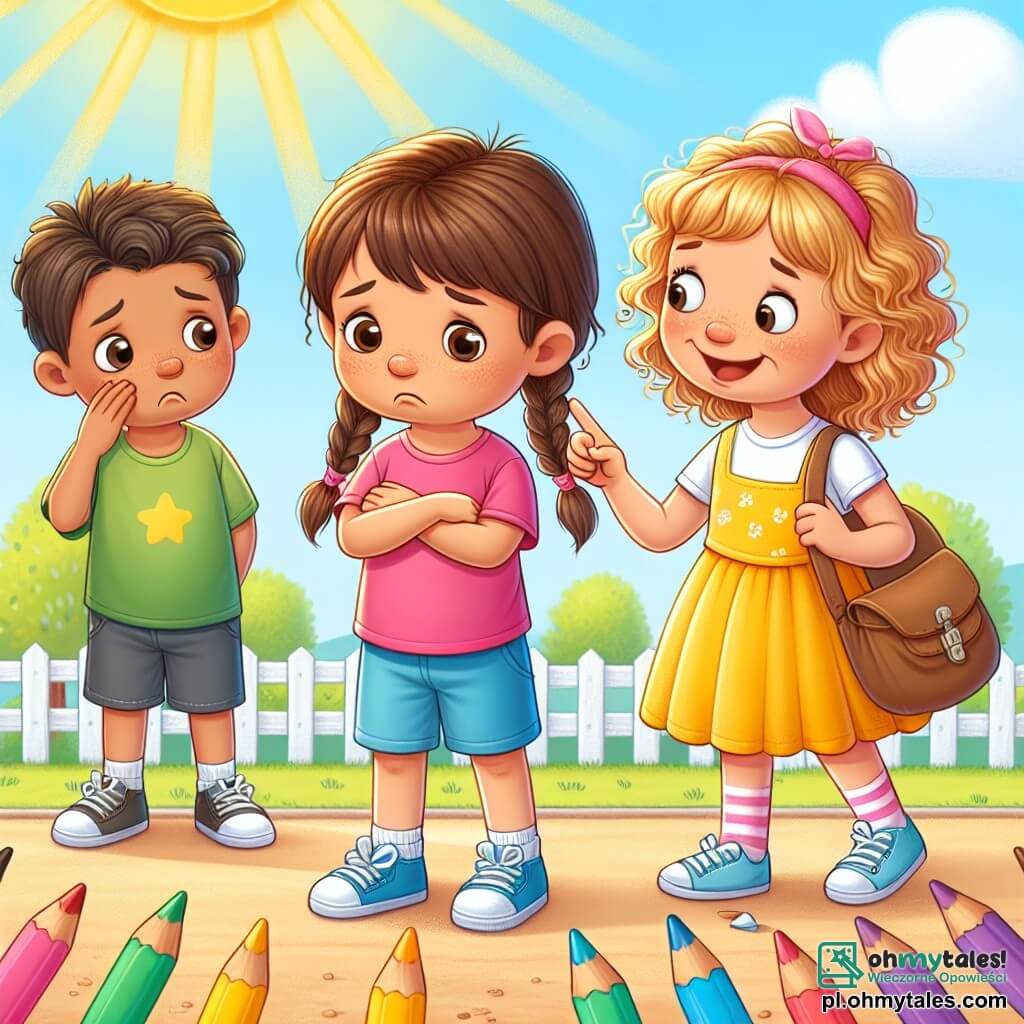 Une illustration sous forme de dessin destinée aux enfants représentant une cour d'école ensoleillée, où une petite fille de 7 ans avec des cheveux bruns et des nattes, portant un t-shirt rose et un short bleu, se tient au centre, les yeux tristes, tandis qu'une autre fille aux cheveux blonds et bouclés, vêtue d'une robe jaune, l'encourage avec un sourire amical, tandis qu'un garçon aux cheveux châtains et un t-shirt vert, se tient à l'écart, l'air désolé, illustrant une scène de soutien face à une situation de harcèlement, avec des crayons de couleur éparpillés autour d'eux, symbolisant la créativité et l'amitié.