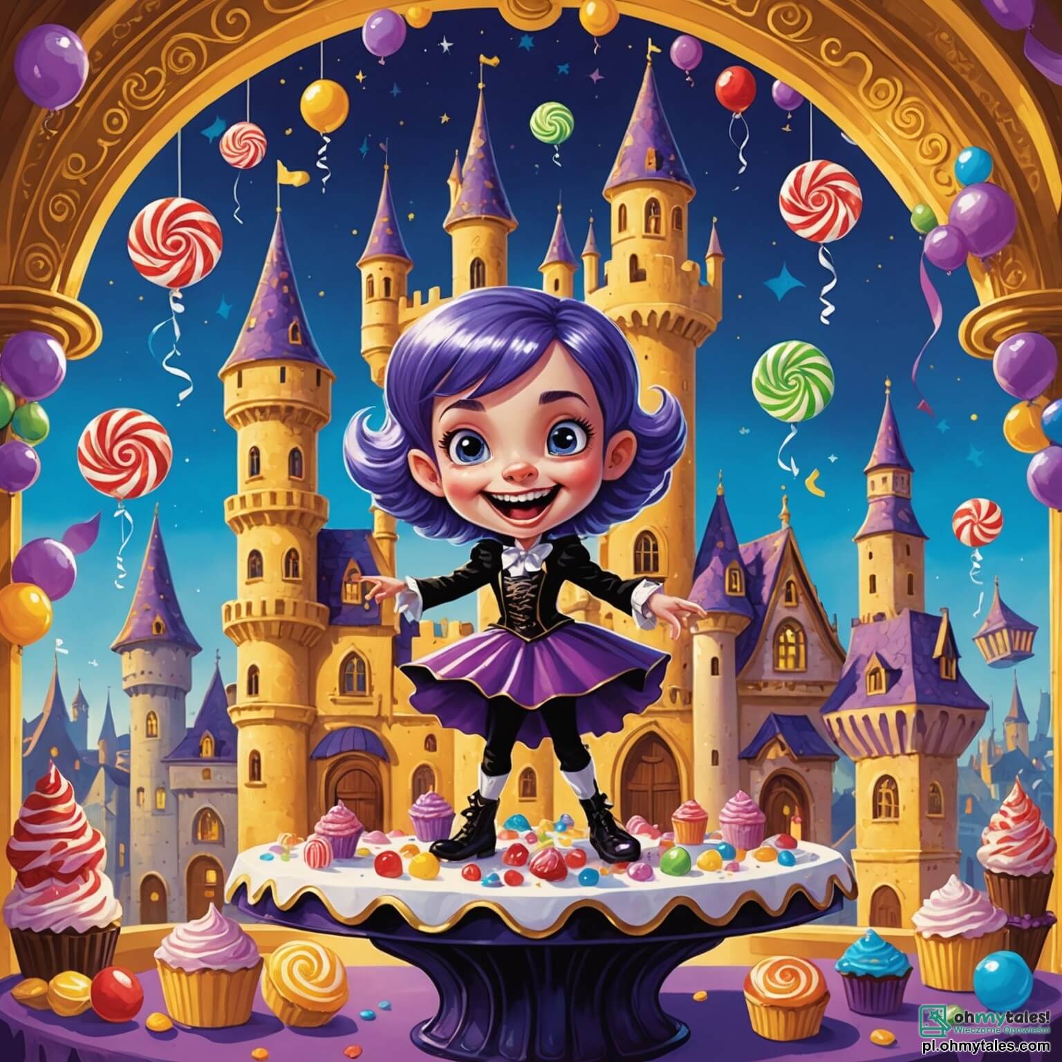 Une illustration destinée aux enfants représentant une vampire espiègle aux cheveux violets et aux dents scintillantes, virevoltant joyeusement dans un château en sucre aux murs dorés, décoré de guirlandes de bonbons et de fenêtres en bonbon acidulé, tandis qu'un Płaskoskarb au pelage bleu ciel, son meilleur ami, l'encourage à réaliser des tours acrobatiques au-dessus d'une table remplie de délicieuses sucreries.