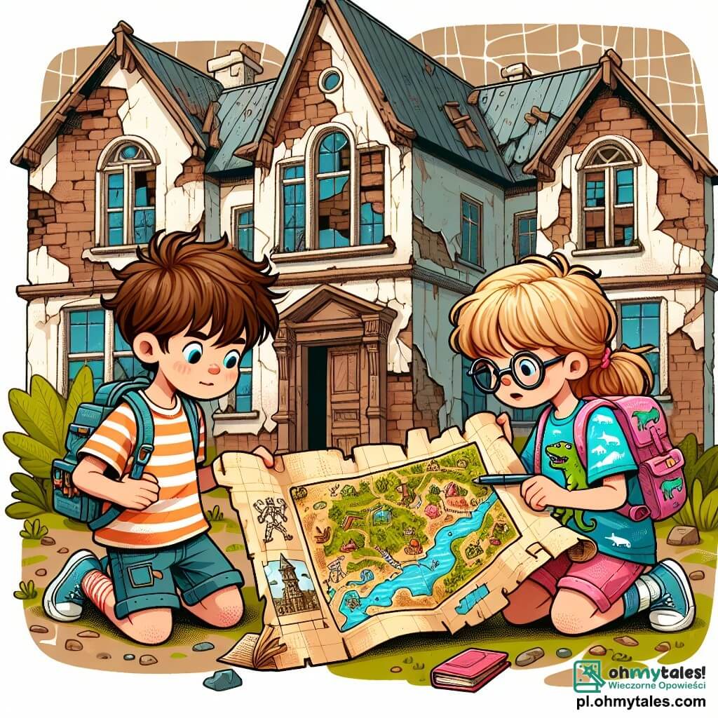 Une illustration sous forme de dessin destinée aux enfants représentant une vieille école abandonnée, avec des murs décrépis et des fenêtres poussiéreuses, où un garçon de 11 ans aux cheveux châtains en bataille et portant un t-shirt rayé et un short, examine avec curiosité une vieille carte au trésor, tandis qu'à ses côtés, une fille aux cheveux longs et blonds, vêtue d'une robe colorée, dessine la carte sur un carnet, et un garçon aux lunettes épaisses, avec un t-shirt à motifs de dinosaures, observe attentivement autour d'eux, tous trois plongés dans une aventure palpitante à la recherche d'un mystérieux trésor caché.