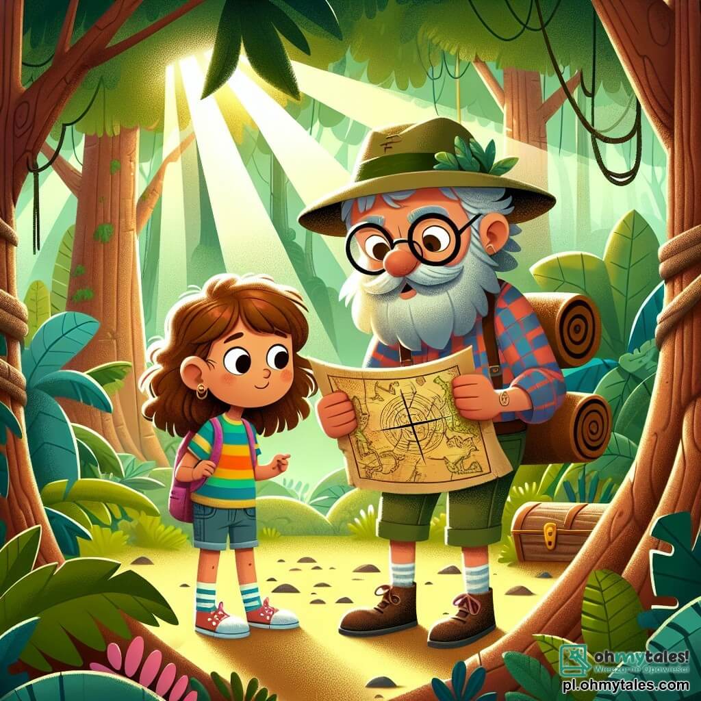 Une illustration sous forme de dessin destinée aux enfants représentant une dense forêt tropicale avec des arbres majestueux et des rayons de soleil filtrant à travers le feuillage, où une jeune fille aux cheveux bruns et bouclés, vêtue d'un t-shirt coloré et d'un short, examine attentivement une vieille carte au trésor, tandis qu'à ses côtés, un homme plus âgé aux lunettes rondes et à la barbe grise, vêtu d'une chemise à carreaux, observe les environs avec curiosité, tous deux prêts à surmonter les obstacles pour découvrir un trésor caché, symbolisant l'esprit d'aventure et la protection de la nature.