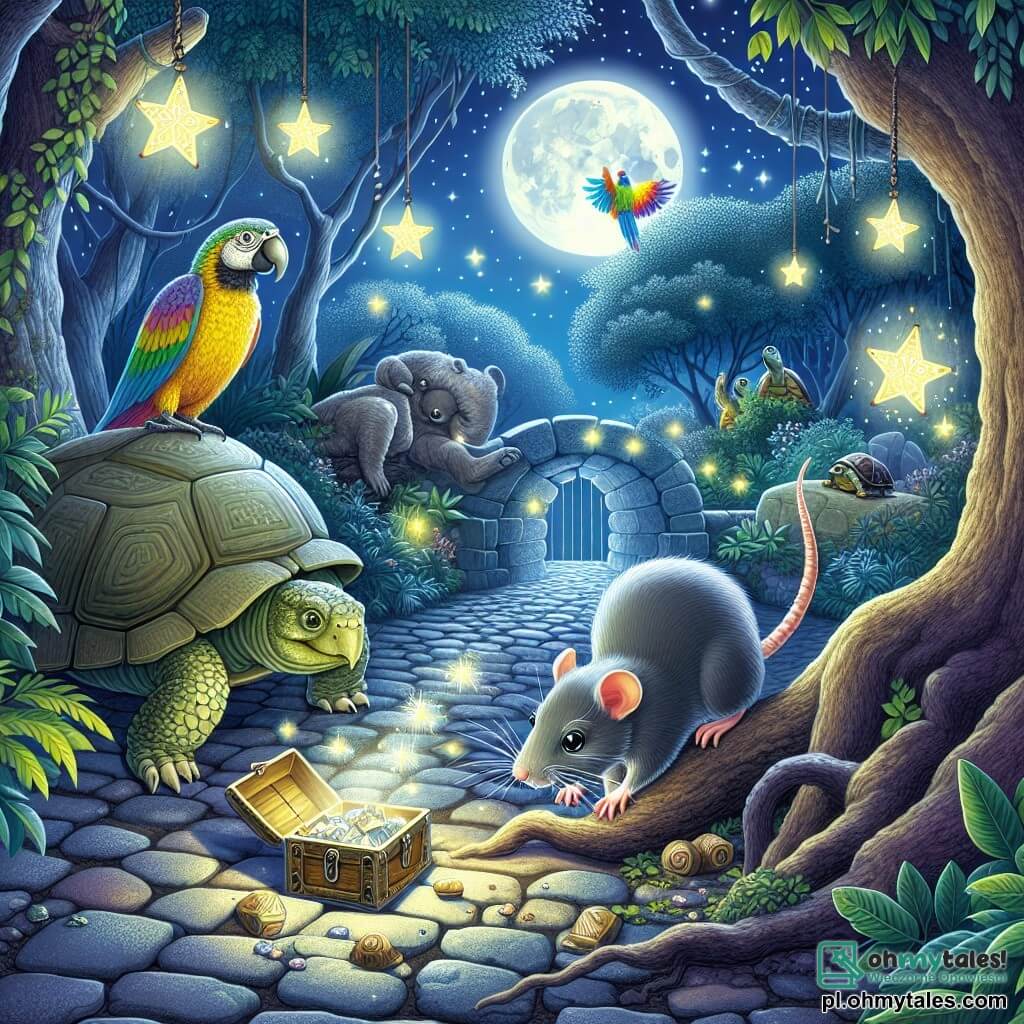 Ilustracja przedstawiająca magiczną nocną scenę w zoo. Światło pełni księżyca oświetla brukowane alejki, podczas gdy cienie tańczą wokół wybiegów zwierząt. Na pierwszym planie mały szczur o szarym futrze, błyszczących oczach i delikatnych wąsach, z ciekawością grzebie w starym pniu drzewa, szukając ukrytego skarbu. Obok niego kolorowa i radosna papaja z jaskrawymi piórami uważnie obserwuje, siedząc na gałęzi, gotowa udzielić wskazówek. W tle stara mądra żółwica, z muszlą naznaczoną czasem, spokojnie stoi, przyglądając się scenie z wyrazem mądrości. Główna sytuacja pokazuje szczura odkrywającego tajemniczą metalową skrzynkę, otoczoną migoczącymi gwiazdami i bujną roślinnością, tworząc atmosferę przygody i tajemnicy.