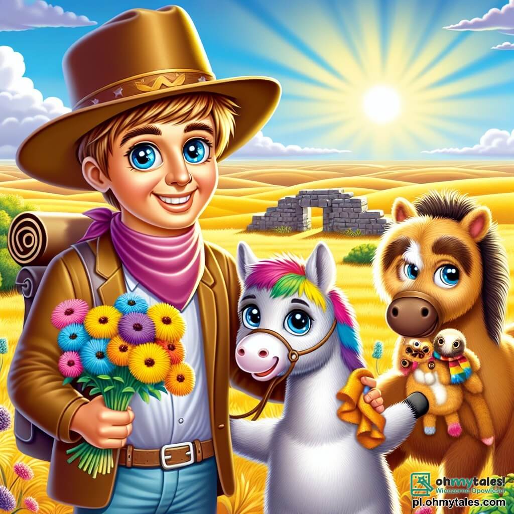 Une illustration sous forme de dessin destinée aux enfants représentant un vaste paysage de prairie dorée sous un ciel bleu éclatant, avec un homme au chapeau de cowboy brun, aux yeux pétillants et au sourire chaleureux, tenant une carte au trésor dans une main et une poignée de fleurs colorées dans l'autre, tandis qu'à ses côtés se tient un cheval multicolore, joyeux et curieux, et un petit borsuk aux poils doux, qui regarde avec émerveillement la scène, alors qu'ils découvrent ensemble une ancienne ruine mystérieuse, pleine de promesses d'aventure et d'amitié.