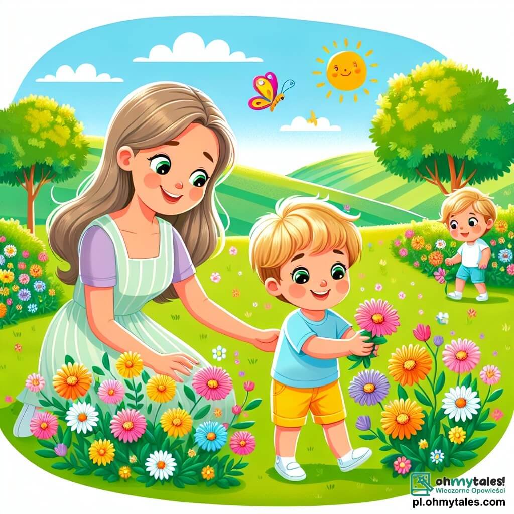 Une illustration sous forme de dessin destinée aux enfants représentant un jardin ensoleillé à la campagne, avec des arbres verts et des fleurs colorées, où un garçon de 1 an aux cheveux blonds et aux yeux pétillants, vêtu d'un t-shirt bleu et d'un short jaune, s'amuse à ramasser des fleurs pour sa maman, qui est une femme souriante aux cheveux bruns, portant une robe légère, et qui l'observe avec tendresse, tandis qu'un papillon coloré vole autour d'eux, ajoutant une touche magique à cette scène joyeuse de vacances d'été.