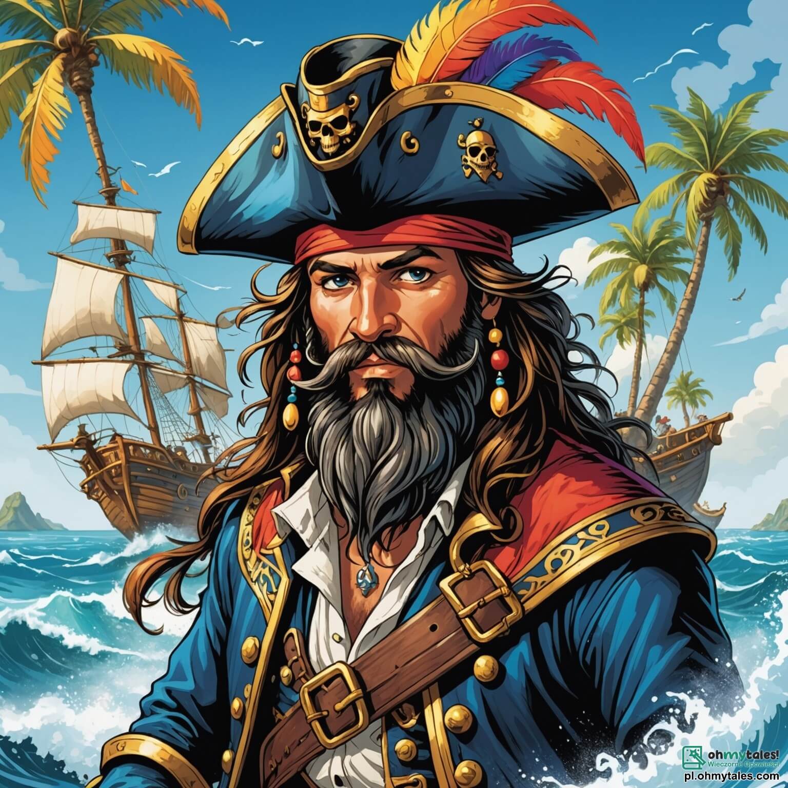 Une illustration destinée aux enfants représentant un audacieux pirate au regard pétillant d'aventure, avec une grande barbe flamboyante et un chapeau orné de plumes colorées, naviguant sur les flots tumultueux d'un océan azur, à bord de son majestueux vaisseau aux voiles blanches comme la neige, en quête d'un trésor légendaire caché sur une île mystérieuse bordée de palmiers dansants et de plages dorées, accompagné de sa fidèle complice, une petite papouille aux plumes éclatantes qui virevolte joyeusement autour de lui, ainsi que d'un sage et imposant tortue marine, qui, avec sa carapace ornée de motifs marins, lui prodigue des conseils avisés sur les dangers des tempêtes et des récifs, alors qu'ils se dirigent vers l'horizon où le ciel se teinte de nuances orangées et violettes au coucher du soleil.