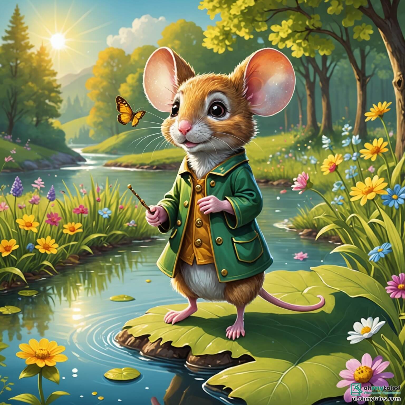 Une illustration destinée aux enfants représentant une petite souris au pelage doré, aux yeux pétillants de curiosité, se tenant fièrement sur une feuille verte au bord d'une rivière scintillante, entourée de fleurs colorées dans un champ ensoleillé, tandis qu'elle rêve d'aventures palpitantes à la recherche d'une mystérieuse prairie enchantée, croisant le chemin d'un joyeux lapin aux grandes oreilles et d'une sage chouette perchée sur une branche, tous deux prêts à l'aider dans sa quête magique au cœur d'une forêt vibrante de vie et de couleurs éclatantes.