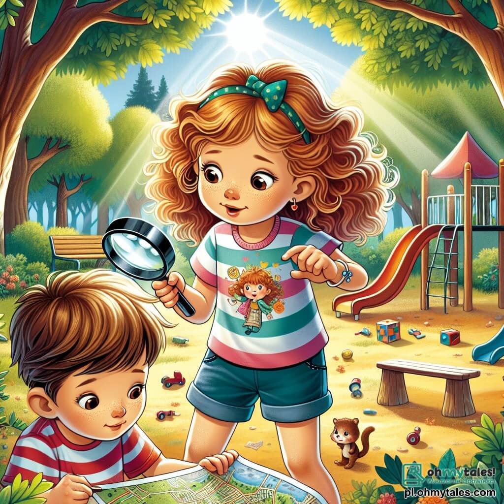 Une illustration sous forme de dessin destinée aux enfants représentant un parc ensoleillé avec des arbres verdoyants et un terrain de jeux désert, où une fille de 9 ans aux cheveux châtains et bouclés, portant un t-shirt coloré et un short, examine attentivement une carte avec une loupe, tandis qu'un garçon de 10 ans aux cheveux blonds et courts, vêtu d'un t-shirt rayé, l'observe avec curiosité, tous deux cherchant à résoudre le mystère de la disparition des enfants du parc, entourés de jouets éparpillés et d'une ambiance d'aventure.