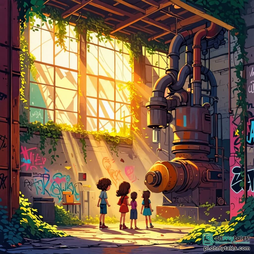 Ilustracja przedstawiająca magiczną scenę w starym, opuszczonym zakładzie. Ściany pokryte są kolorowymi graffiti i pnączem, a promienie złotego światła prześwitują przez rozbite okna, tworząc tajemniczą atmosferę. W centrum cztery dziewczynki w wieku około 10 lat stoją razem. Jedna z nich, z kręconymi brązowymi włosami i figlarnym uśmiechem, z ciekawością przygląda się dużej, starej maszynie. Obok niej stoi dziewczynka z warkoczami, nieco zaniepokojona, obserwująca scenę z szeroko otwartymi oczami. Inna, z rudymi włosami i okularami, robi notatki w małym notesie, podczas gdy ostatnia, z gładkimi czarnymi włosami, wskazuje palcem na małego stworka, który lata wokół nich. Mały stworek, z błyszczącą zieloną skórą i dużymi skrzydłami motyla, radośnie krąży nad nimi, oświetlając pokój swoim magicznym światłem. Napięcie sceny jest wyczuwalne, ponieważ w tle zarysowuje się ciemny cień, przedstawiający złego czarodzieja, gotowego zdobyć błyszczący artefakt w centrum pomieszczenia. Iskry światła i jaskrawe kolory kontrastują z ciemnością cienia, tworząc jednocześnie niepokojącą i fascynującą atmosferę.