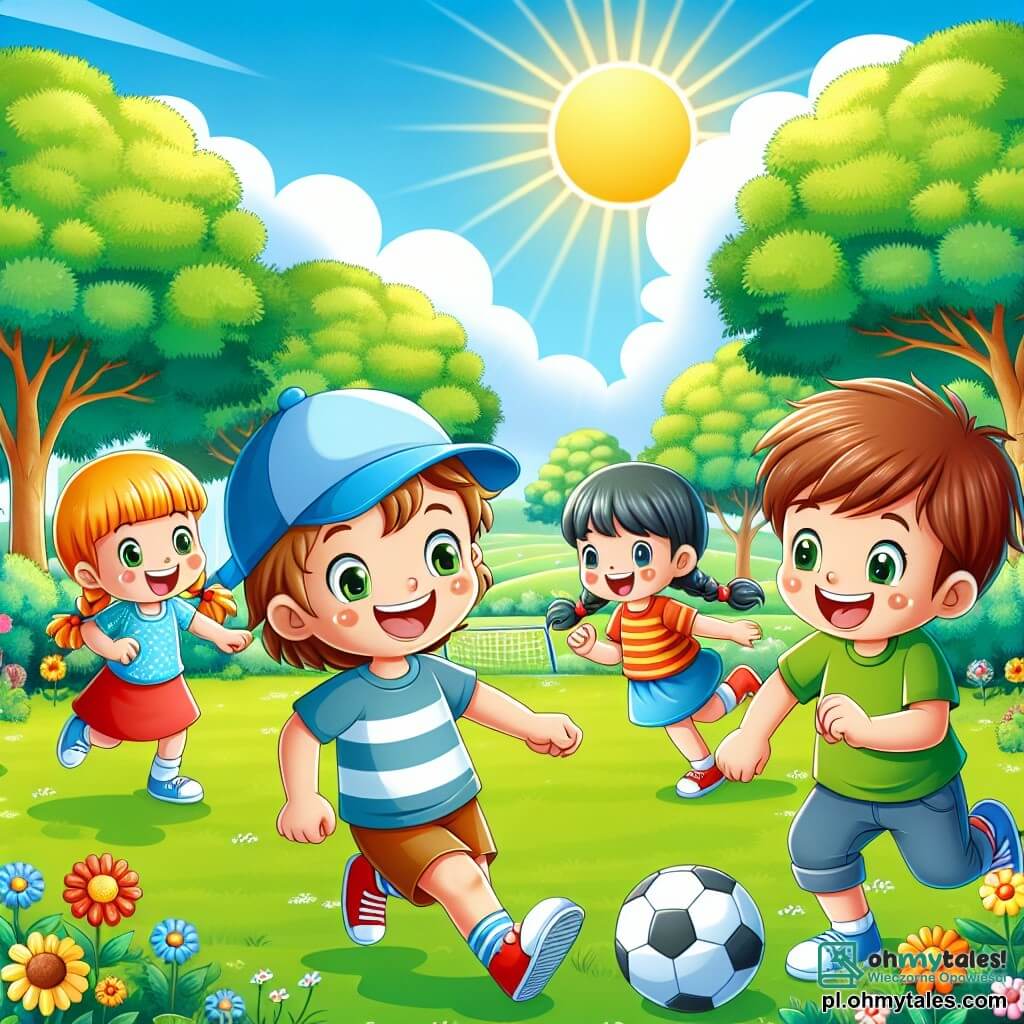 Une illustration sous forme de dessin destinée aux enfants représentant un parc ensoleillé avec des arbres verdoyants et des fleurs colorées, où un garçon de 5 ans aux cheveux bruns et portant une casquette bleue joue joyeusement au football avec ses amis, dont une fille aux cheveux blonds tressés qui sourit en courant et un garçon aux cheveux châtains qui s'apprête à tirer le ballon, capturant l'esprit d'amitié et de plaisir d'un été rempli d'aventures.