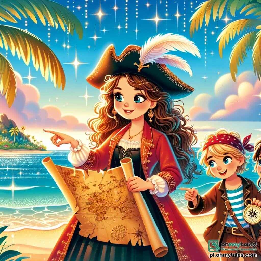 Une illustration sous forme de dessin destinée aux enfants représentant une plage ensoleillée avec des palmiers et des vagues scintillantes, où une femme pirate au long manteau rouge, avec des cheveux bouclés et un chapeau à plumes, examine une vieille carte au trésor, tandis qu'un garçon aux cheveux blonds et un bandana, tenant une boussole, l'observe avec émerveillement, et une jeune fille aux yeux pétillants, portant une chemise à rayures, pointe du doigt une mystérieuse île au loin, symbolisant leur quête d'aventure et de trésors cachés.