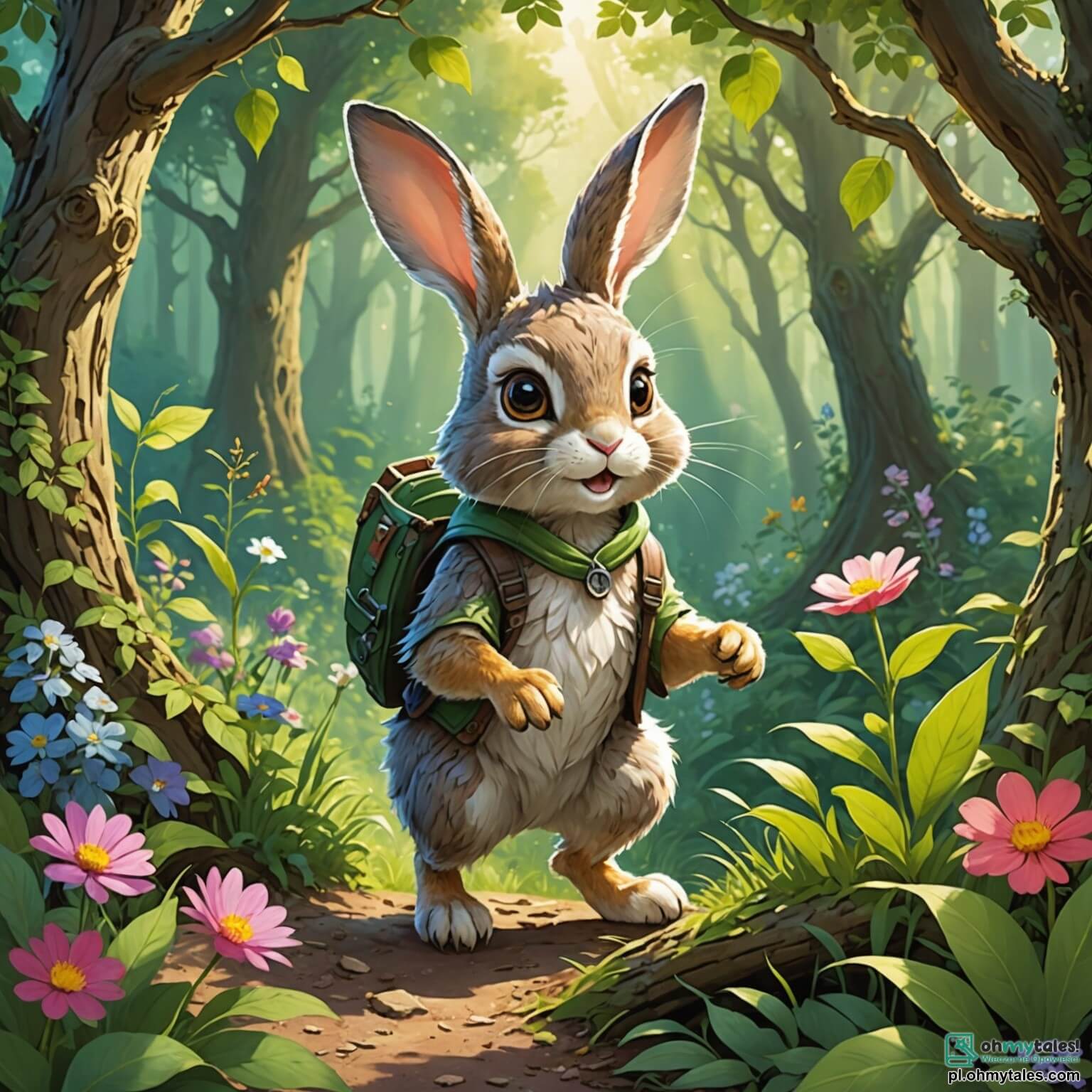 Une illustration destinée aux enfants représentant un petit lapin aux grandes oreilles soyeuses et au pelage doux comme du coton, sautillant joyeusement à travers un enchanté sous-bois où les rayons du soleil filtrent à travers les feuilles vertes éclatantes, illuminant des fleurs colorées qui dansent au gré du vent, tandis qu'un sage vieux hibou perché sur une branche noueuse observe la scène avec bienveillance, et où les rires d'autres animaux, comme une malicieuse petite souris et une joyeuse grenouille, résonnent dans l'air frais, alors que notre héros, curieux et plein de vie, se lance dans une quête pour aider ses amis en détresse.