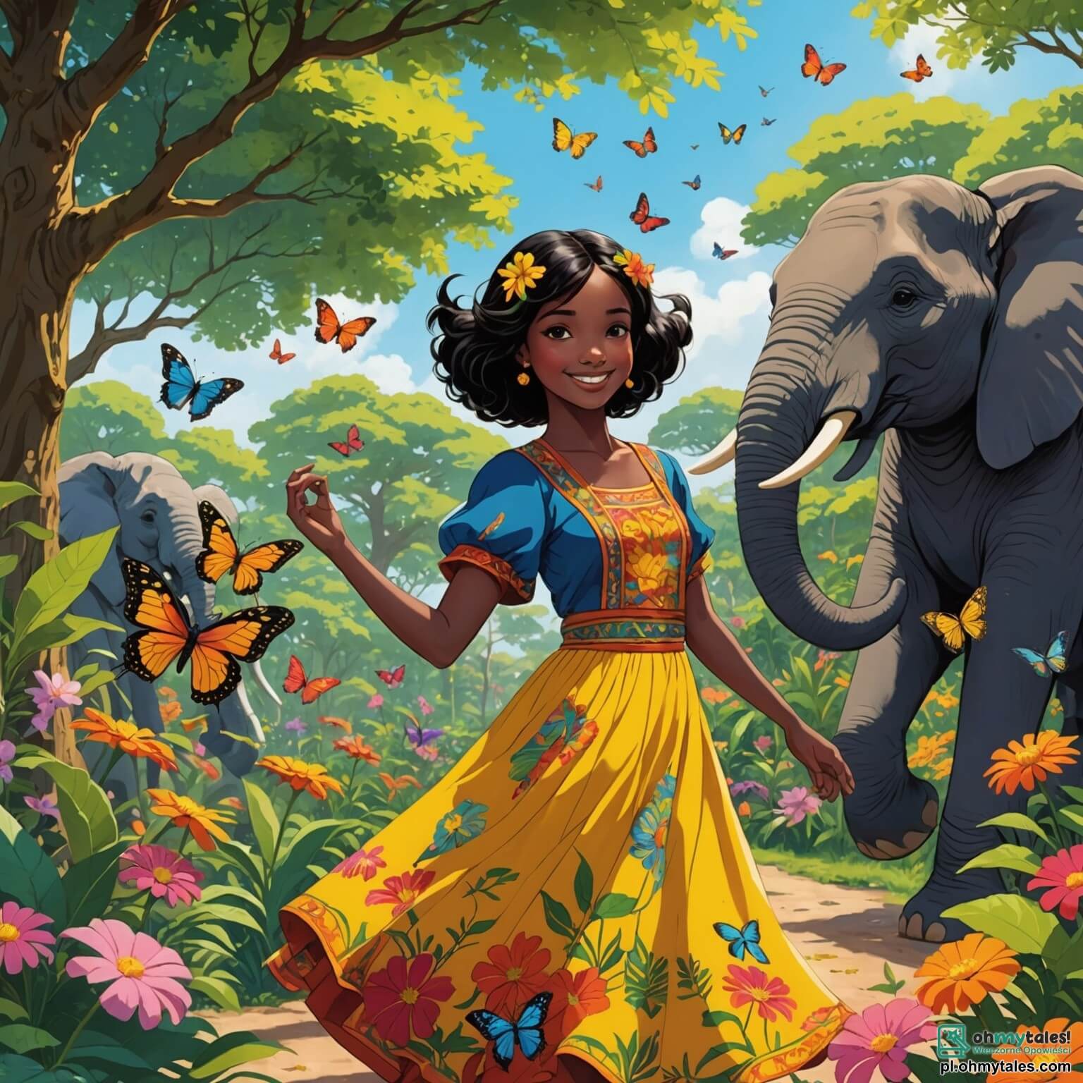 Une illustration destinée aux enfants représentant une jeune femme au sourire éclatant, dont les cheveux noirs comme l'ébène dansent au gré du vent chaud, se tenant au milieu d'un luxuriant jardin africain, rempli de fleurs éclatantes aux couleurs vives, de papillons virevoltants et de grands arbres majestueux dont les feuilles bruissent doucement, tandis qu'elle écoute avec attention les histoires d'un sage éléphant au regard bienveillant, d'une malicieuse petite singe aux yeux pétillants et d'une magnifique perruche aux plumes chatoyantes, tous unis dans une quête pour restaurer l'harmonie de leur monde face à la menace de la destruction de leur précieuse nature.