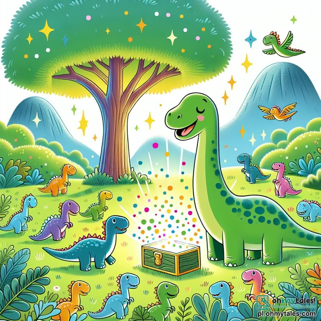 Une illustration sous forme de dessin destinée aux enfants représentant une verdoyante vallée préhistorique baignée de lumière, où un grand diplodocus à la longue cou et au sourire joyeux se tient sous un arbre majestueux, entouré de plusieurs petits dinosaures colorés qui dansent et volent autour de lui, tandis que des motiles multicolores s'envolent de la mystérieuse boîte magique posée à ses pieds, créant une atmosphère de bonheur et d'émerveillement.