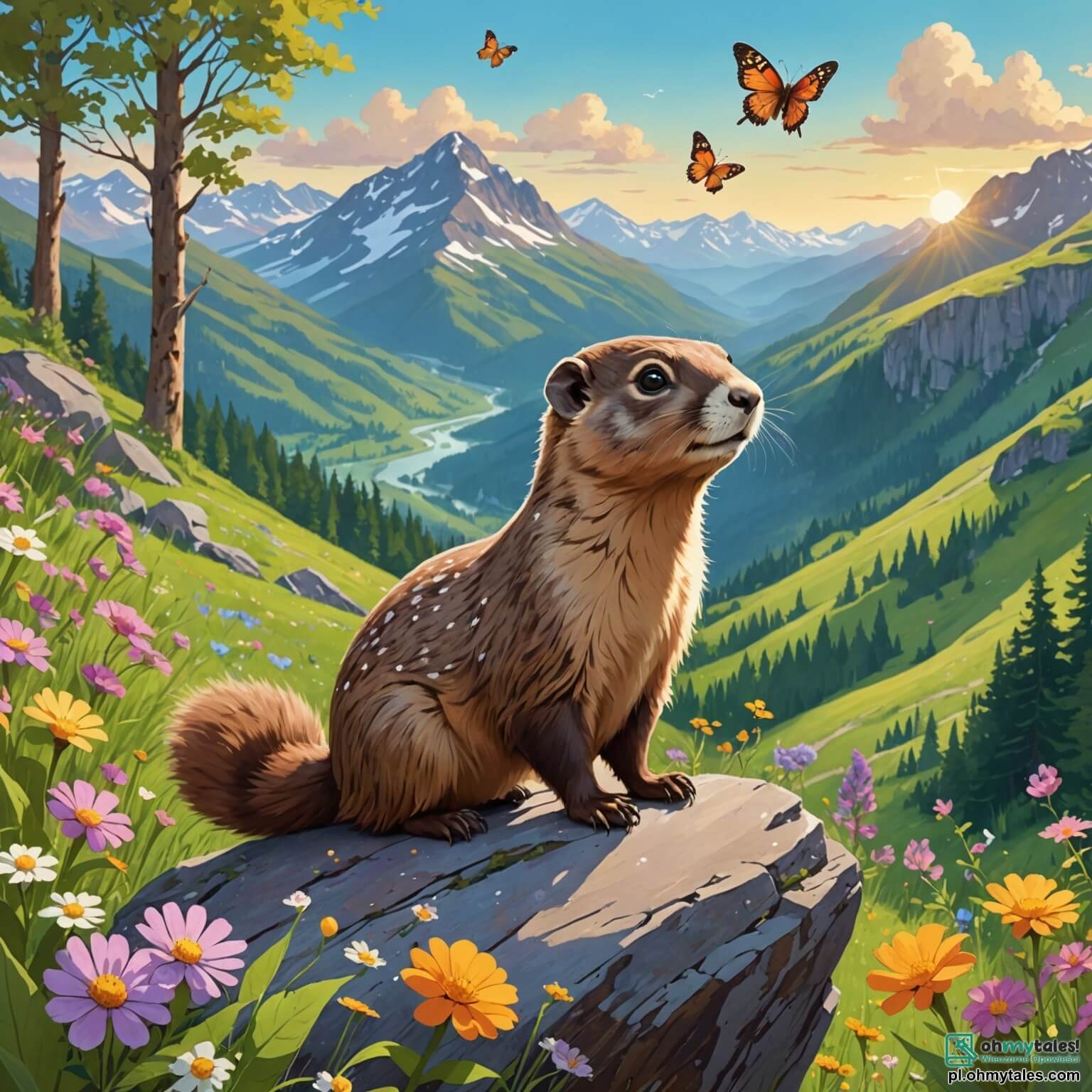 Une illustration destinée aux enfants représentant une petite marmotte au pelage doux et brun, aux yeux pétillants de curiosité, se tenant fièrement sur un rocher surplombant une vallée verdoyante parsemée de fleurs colorées et de papillons virevoltants, tandis qu'elle rêve d'aventures palpitantes dans le mystérieux et enchanteur Grand Bois, où elle est rejointe par sa meilleure amie, une svelte et espiègle petite biche aux taches blanches, et un sage hérisson au dos hérissé, tous unis par le désir de découvrir les secrets cachés de cette forêt magique, remplie de chants d'oiseaux, de doux murmures de ruisseaux cristallins et d'odeurs de terre humide, où chaque feuille semble chuchoter des histoires anciennes.