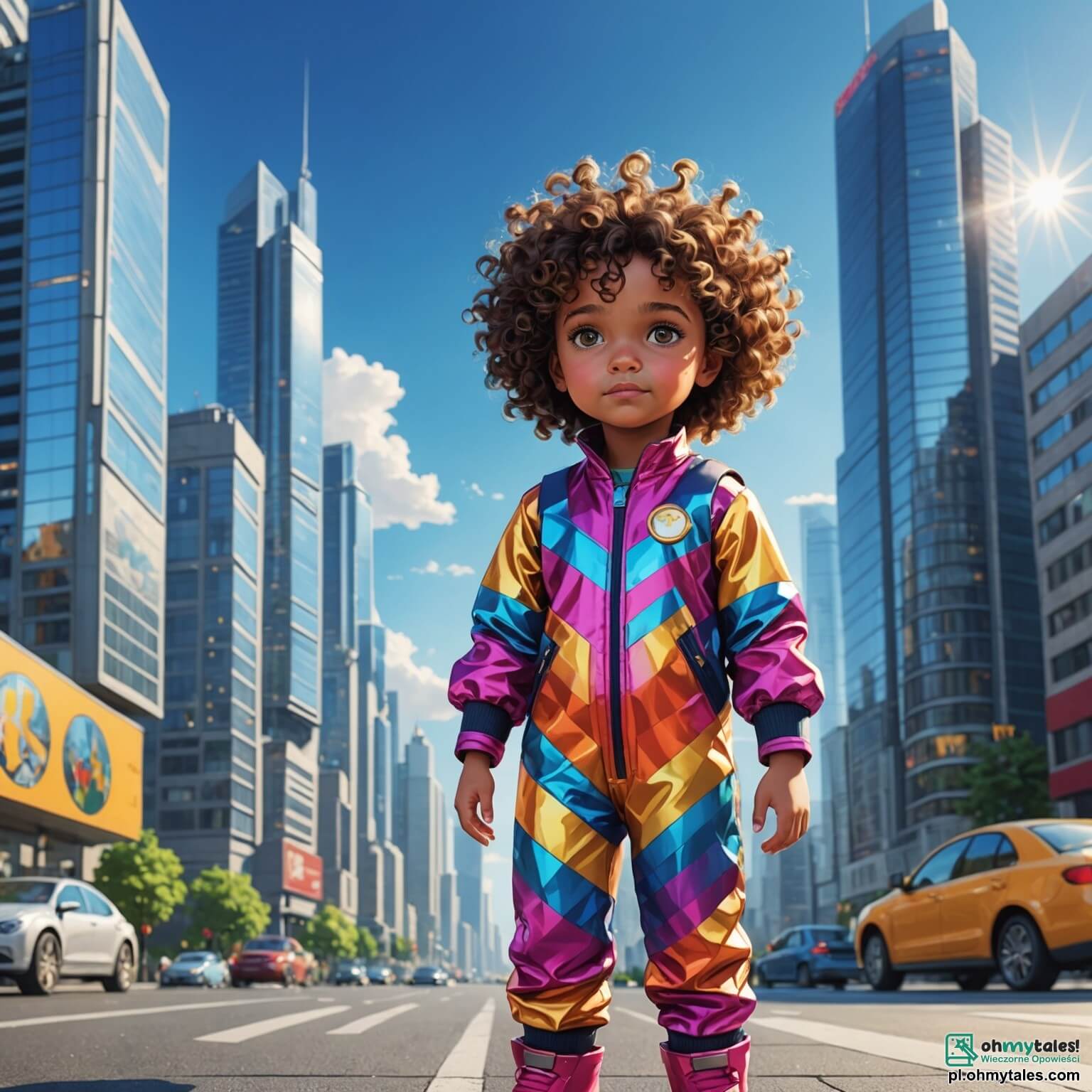 Une illustration destinée aux enfants représentant une petite fille aux cheveux bouclés et aux yeux pétillants, vêtue d'une combinaison futuriste aux couleurs vives, se tenant courageusement devant un paysage urbain éblouissant de la Lśniąca Metropolia, où des gratte-ciels scintillants, aux façades en verre réfléchissant le soleil, s'élèvent majestueusement vers le ciel bleu, tandis que des voitures volantes glissent silencieusement au-dessus d'elle, et où son fidèle compagnon, un petit robot bleu aux yeux lumineux et ronds, l'accompagne dans sa quête pour retrouver ses amis disparus dans cette ville technologique, où l'harmonie entre l'homme et la machine semble parfois vaciller.