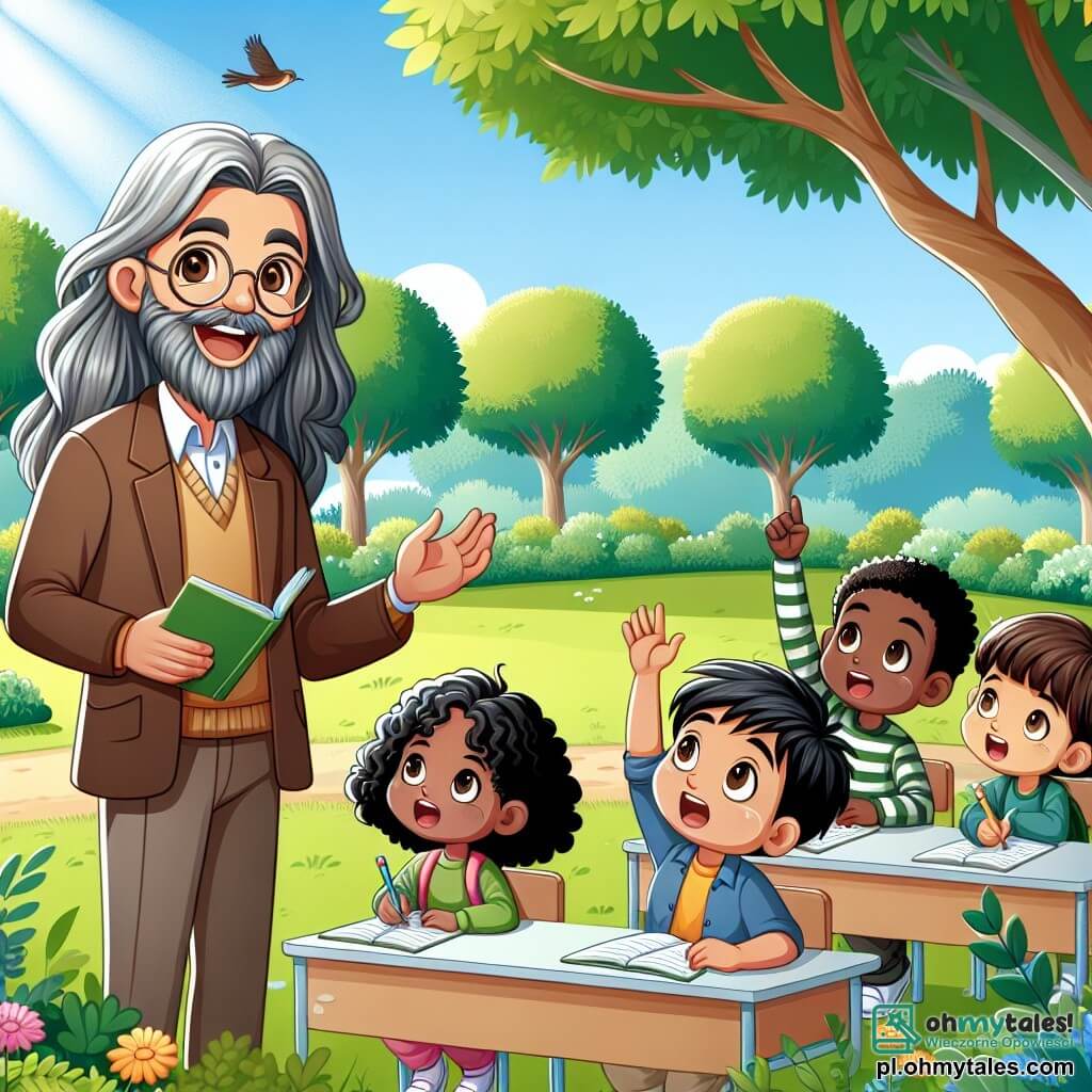Une illustration sous forme de dessin destinée aux enfants représentant un parc verdoyant ensoleillé, avec un instituteur aux cheveux gris et longs, souriant, montrant des feuilles à un groupe de quatre enfants : une fille aux cheveux bruns et bouclés, émerveillée, un garçon aux lunettes et aux cheveux blonds, prenant des notes, une autre fille aux cheveux raides et noirs, levant la main pour poser une question, et un garçon aux cheveux châtains, observant un oiseau dans le ciel, tous absorbés par l'apprentissage de la nature et des merveilles qui les entourent.