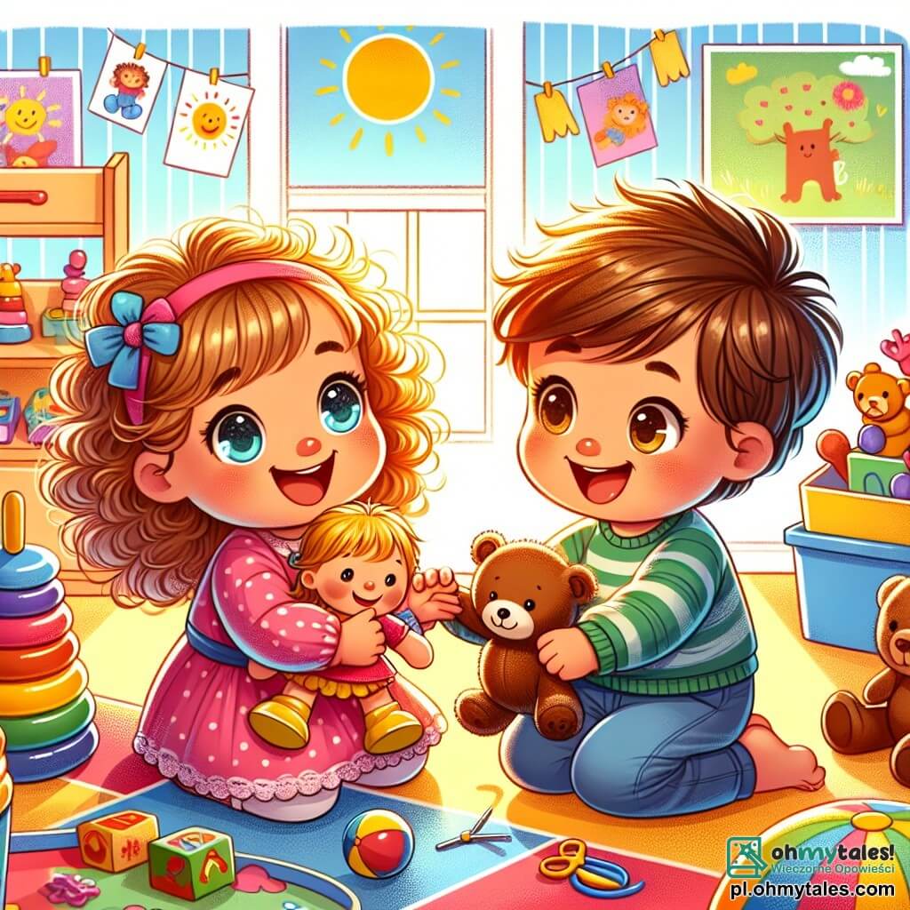 Une illustration sous forme de dessin destinée aux enfants représentant une salle de classe colorée et ensoleillée, où une petite fille de 1 an aux cheveux bouclés et aux yeux pétillants joue joyeusement avec une poupée, tandis qu'un garçon de 1 an aux cheveux bruns et aux yeux curieux, tenant un ours en peluche, s'approche d'elle avec un grand sourire ; ensemble, ils partagent un moment de bonheur et d'amitié, entourés de jouets colorés et de dessins accrochés aux murs.