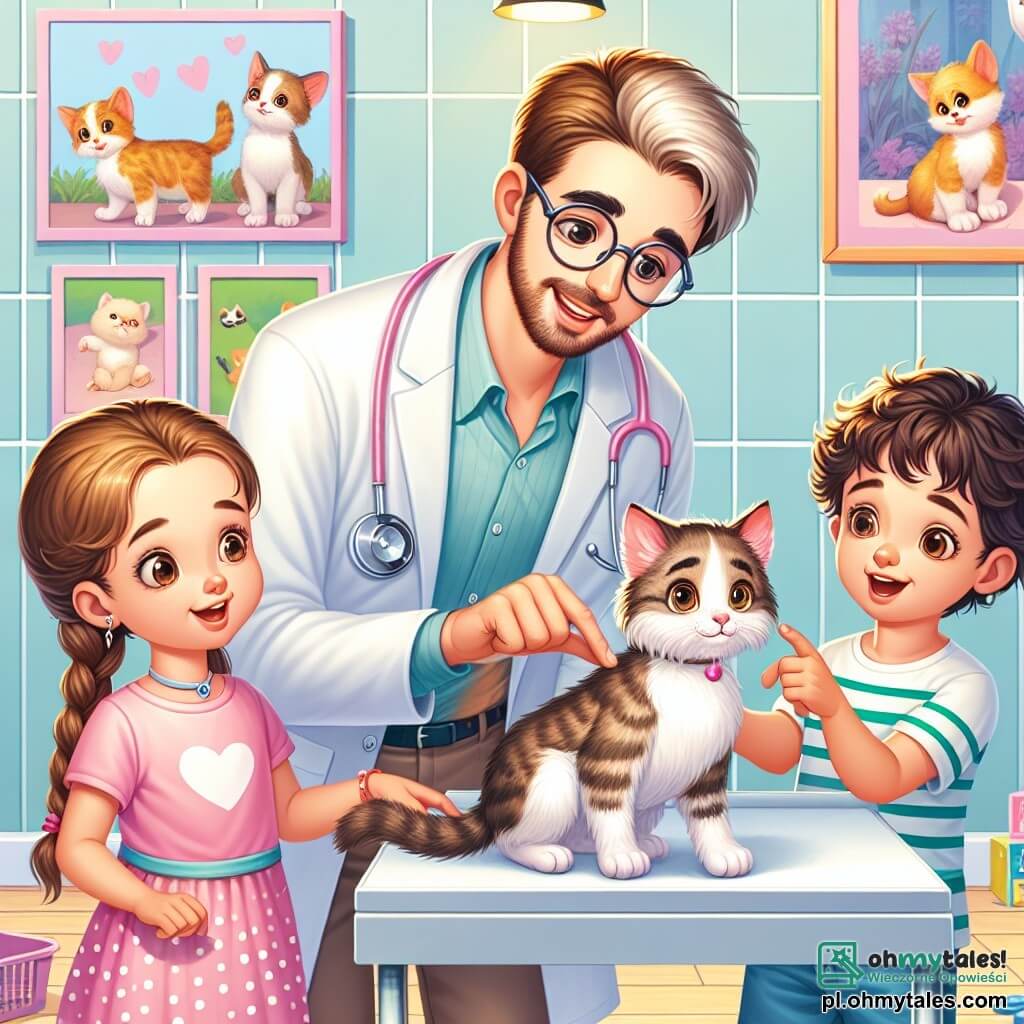 Ilustracja przedstawiająca jasną i przyjazną klinikę weterynaryjną, z pastelowymi ścianami, plakatami różnych zwierząt powieszonymi na ścianach i zabawkami rozrzuconymi po podłodze. W centrum mężczyzna z ciepłym uśmiechem, w białym fartuchu i okularach, pochyla się nad stołem do badania, badając małego kociaka z błyszczącymi oczami. Ma lekko rozczochrane brązowe włosy i zadbaną brodę. Wokół niego trójka dzieci, dwie dziewczynki i chłopiec, w wieku około 8-10 lat, obserwują z zachwytem. Jedna z dziewczynek ma długie blond warkocze i różową koszulkę, podczas gdy druga ma kręcone brązowe włosy i promienny uśmiech, ubrana w sukienkę w kropki. Chłopiec ma krótkie brązowe włosy, nosi niebieską koszulkę i z ekscytacją wskazuje kociaka palcem. Scena pokazuje mężczyznę, który wyjaśnia dzieciom, jak leczy zwierzęta, podczas gdy kociak, z małym bandażem na łapie, ciekawie przygląda się dzieciom. Na stole widać pluszowe zabawki i akcesoria weterynaryjne, co dodaje atmosferze zabawnego charakteru.