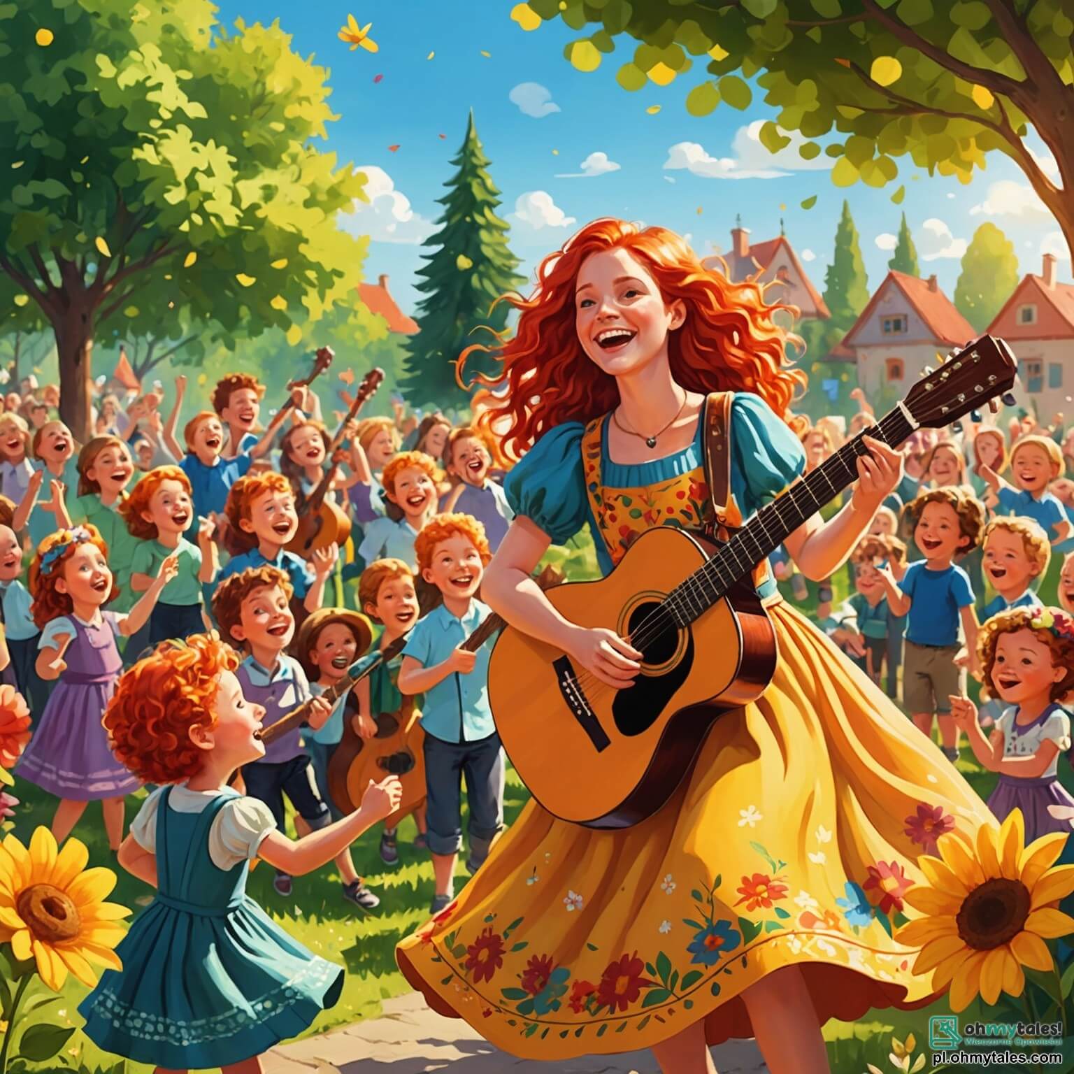 Une illustration destinée aux enfants représentant une femme joyeuse aux cheveux flamboyants, vêtue d'une robe colorée, chantant avec passion sur une scène en plein air, entourée de fleurs éclatantes et de rires d'enfants, tandis qu'un garçon aux yeux pétillants et au sourire radieux l'accompagne en jouant de la guitare, le tout se déroulant dans un parc ensoleillé de Radosna Dolina, où les arbres dansent au rythme de la musique et les oiseaux chantent en harmonie.