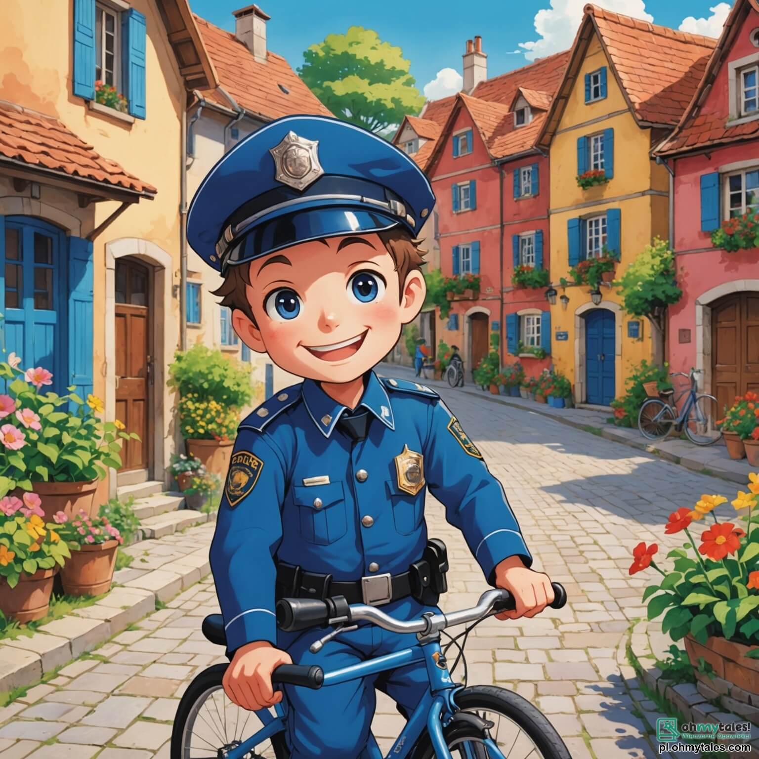 Une illustration destinée aux enfants représentant un policier courageux en uniforme bleu, avec un grand sourire et un chapeau vissé sur la tête, qui fait du vélo dans un charmant petit village ensoleillé, entouré de maisons colorées aux volets ouverts et de jardins fleuris, tandis qu'il aide un garçon curieux aux yeux pétillants et à la casquette rouge, à comprendre l'importance de la sécurité.